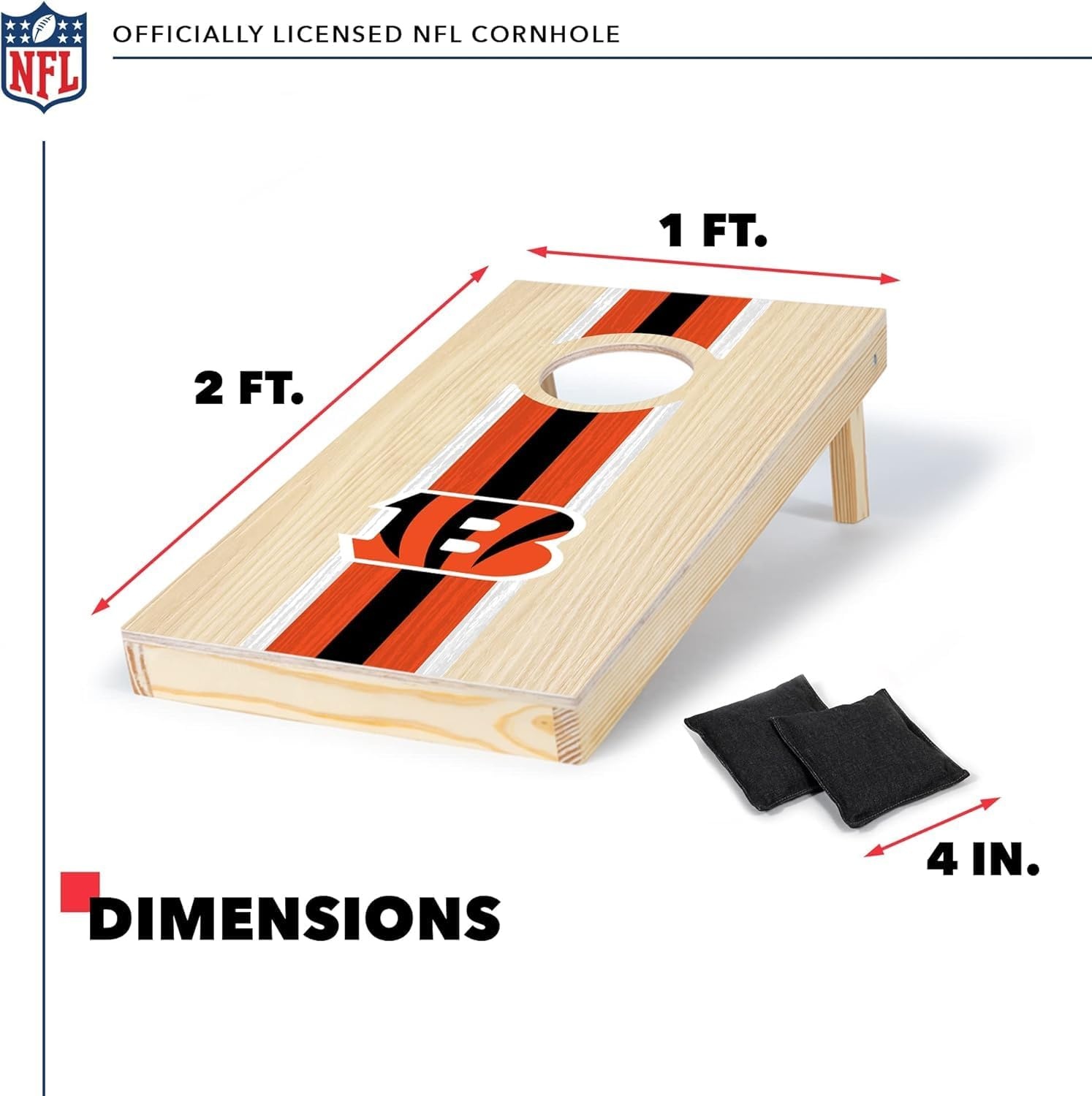 NFL Football Portable Size 1′ x 2′ Solid Wood Cornhole Set with Direct Print HD Team Graphics – Travel Size(Cincinnati Bengals)