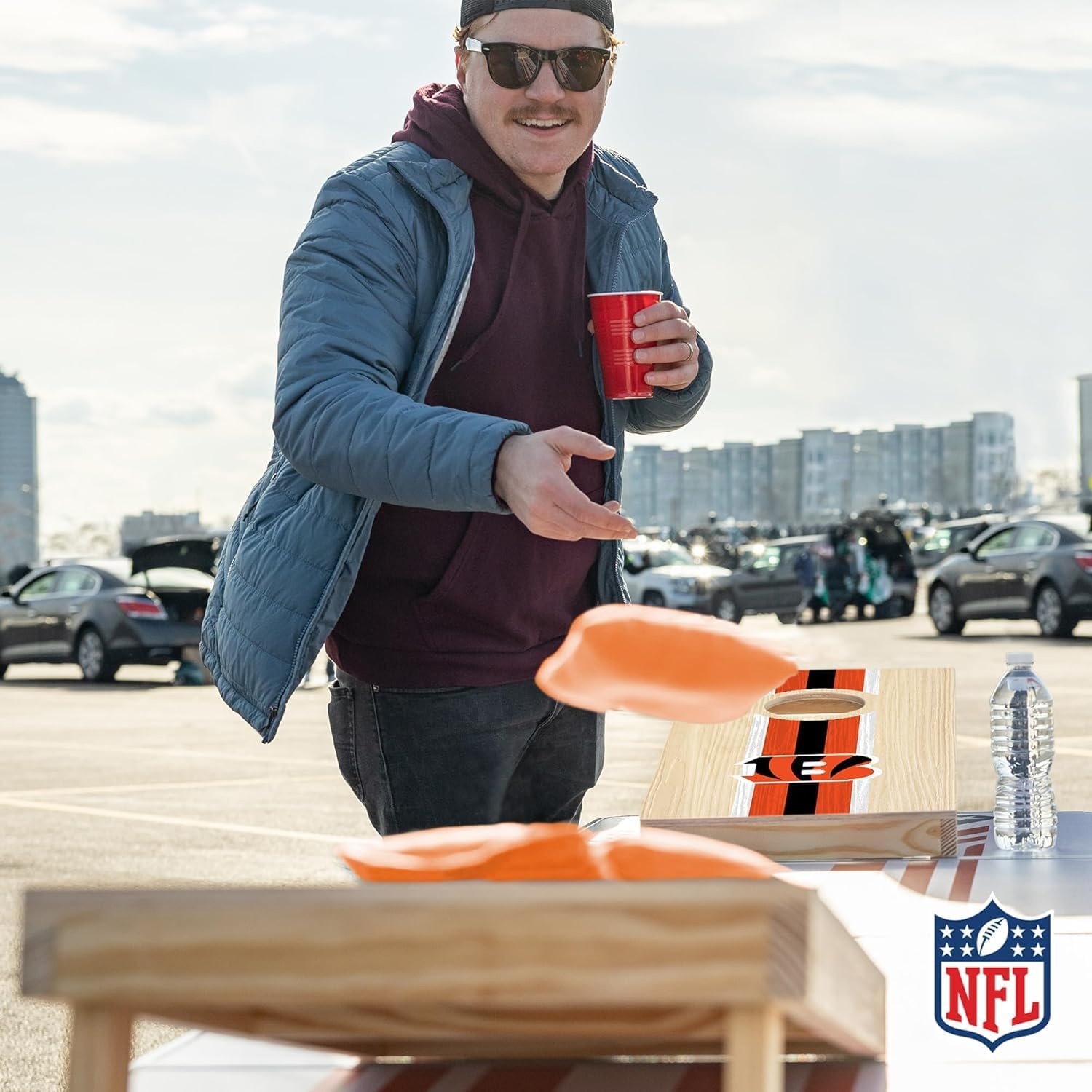 NFL Football Portable Size 1′ x 2′ Solid Wood Cornhole Set with Direct Print HD Team Graphics – Travel Size(Cincinnati Bengals)