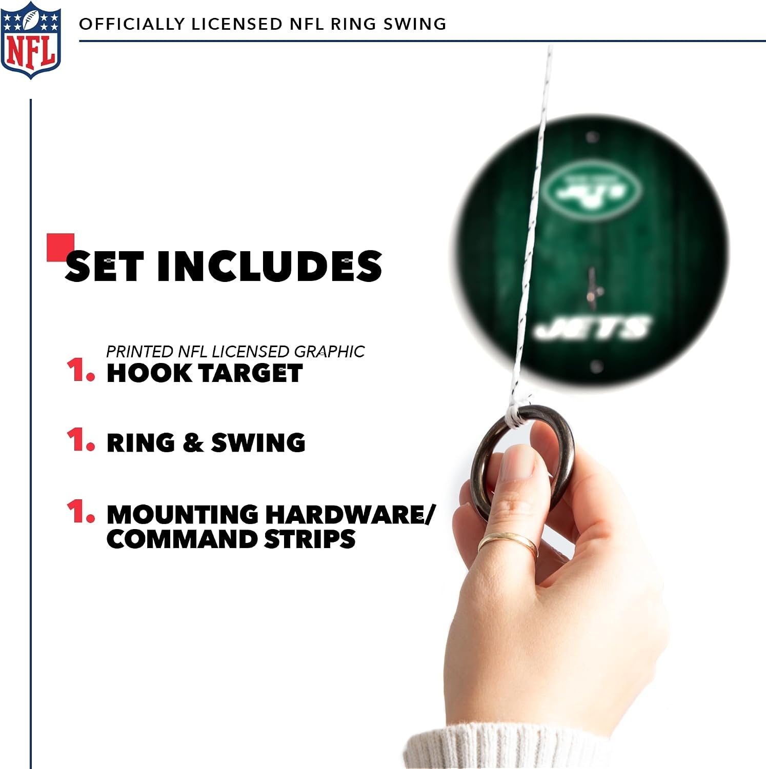 Solid Wood NFL Hook & Ring Toss Set with Direct Print HD Team Graphics – Easy Hang Hook and Ring Toss Target – Great Gift for Any Football Fan  Ring Toss Family Game for a Game Room(New York Jets)
