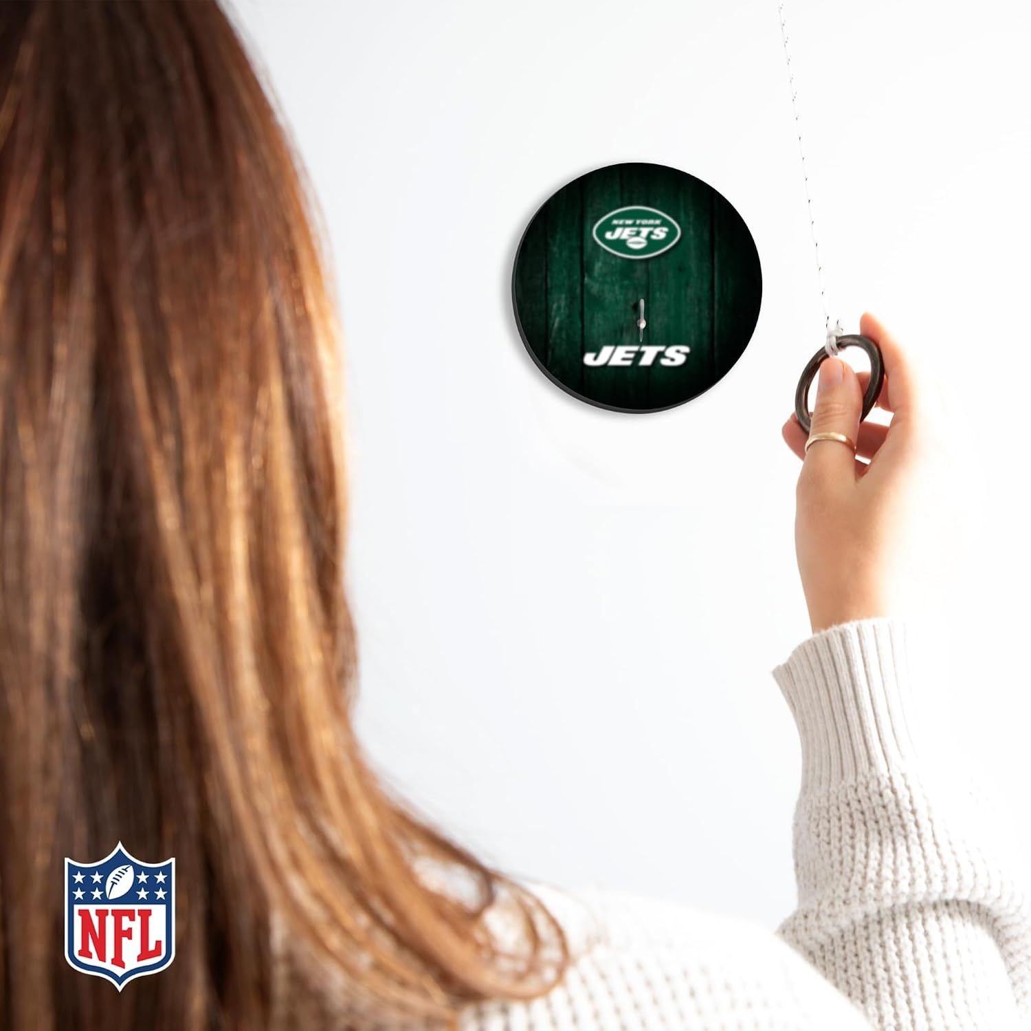 Solid Wood NFL Hook & Ring Toss Set with Direct Print HD Team Graphics – Easy Hang Hook and Ring Toss Target – Great Gift for Any Football Fan  Ring Toss Family Game for a Game Room(New York Jets)