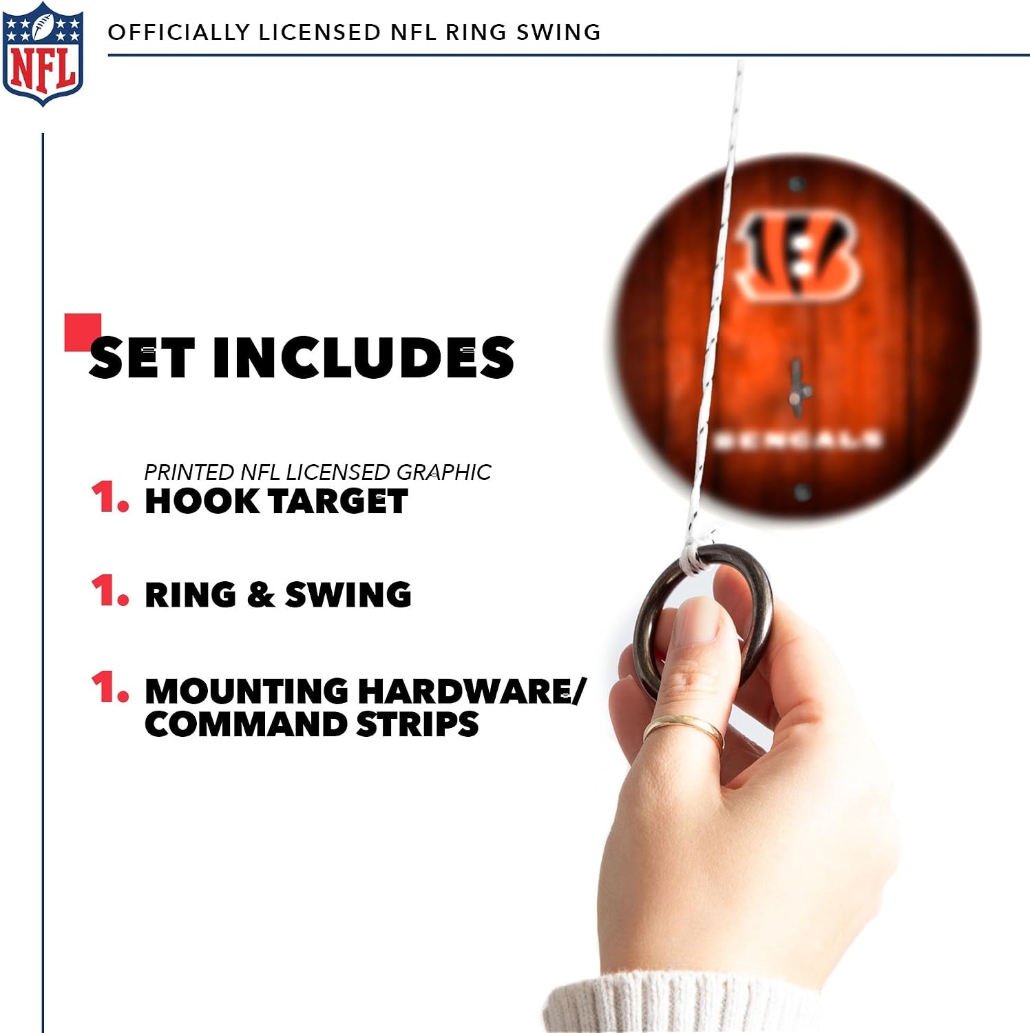 Solid Wood NFL Hook & Ring Toss Set with Direct Print HD Team Graphics – Easy Hang Hook and Ring Toss Target – Great Gift for Any Football Fan  Ring Toss Family Game for a Game Room(Cincinnati Bengals)