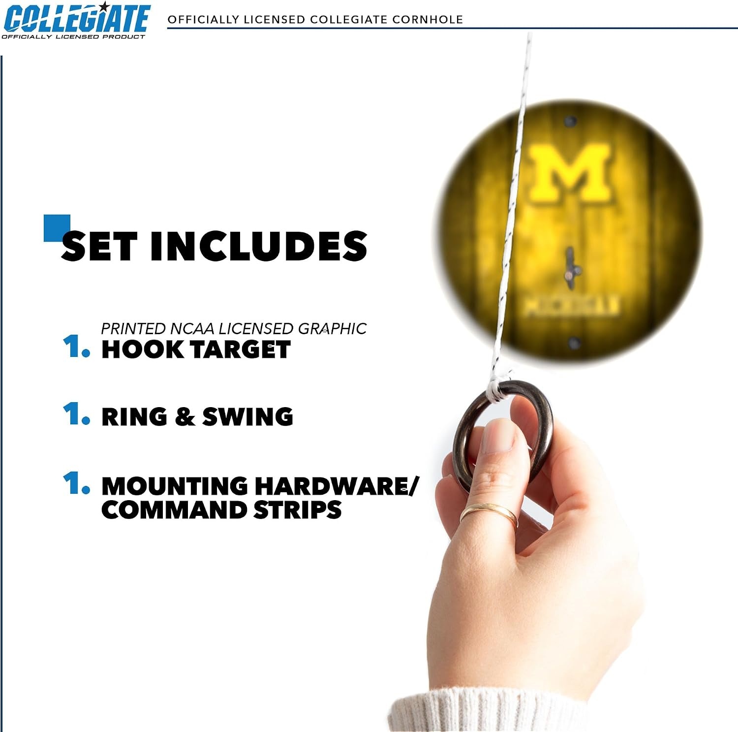 Wild Sports Solid Wood College Hook & Ring Toss Set with Direct Print HD Team Graphics – Easy Hang Hook and Ring Toss Target – Great Gift for Any NCAA Fan (Michigan Wolverines)