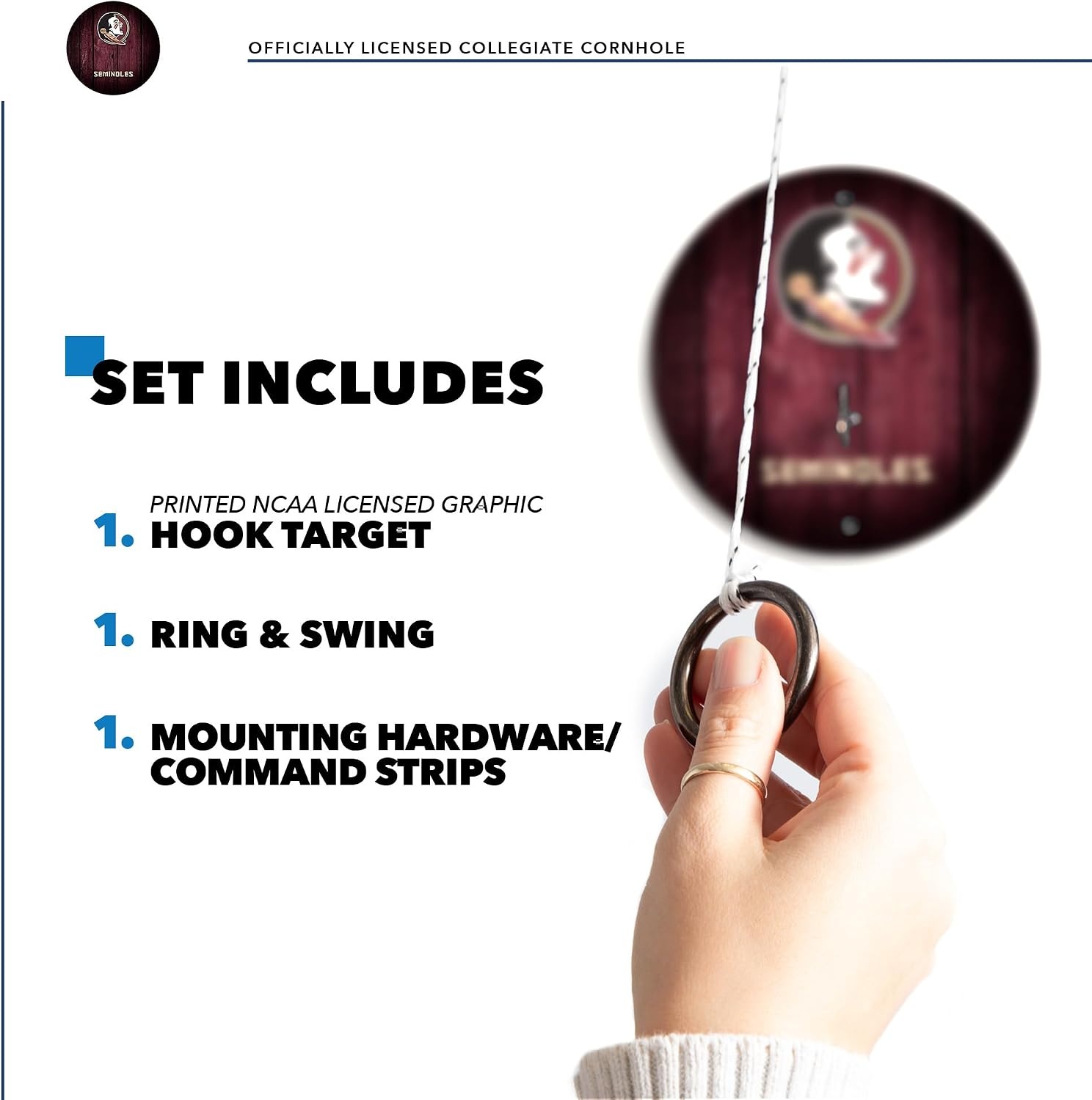 Wild Sports Solid Wood College Hook & Ring Toss Set with Direct Print HD Team Graphics – Easy Hang Hook and Ring Toss Target – Great Gift for Any NCAA Fan (Florida State Seminoles)