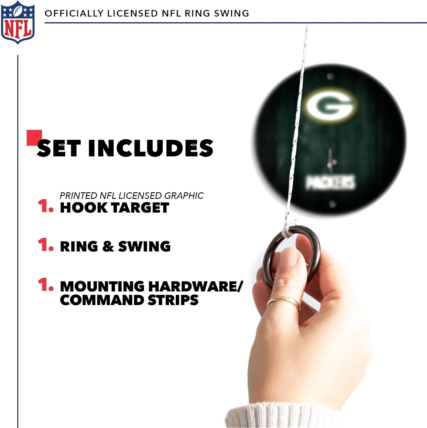 Solid Wood NFL Hook & Ring Toss Set with Direct Print HD Team Graphics – Easy Hang Hook and Ring Toss Target – Great Gift for Any Football Fan  Ring Toss Family Game for a Game Room(Green Bay Packers)