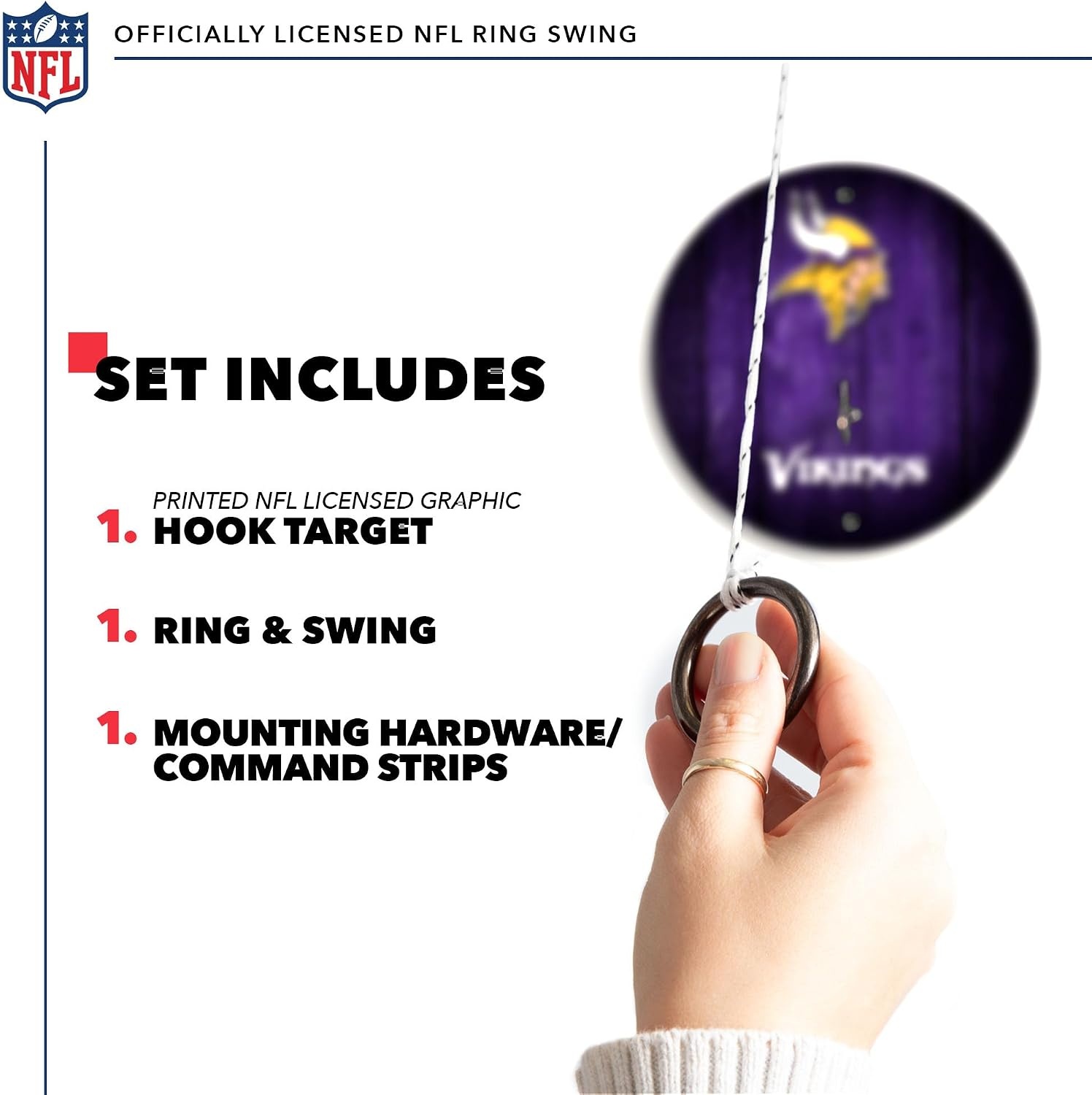 Solid Wood NFL Hook & Ring Toss Set with Direct Print HD Team Graphics – Easy Hang Hook and Ring Toss Target – Great Gift for Any Football Fan  Ring Toss Family Game for a Game Room(Minnesota Vikings)