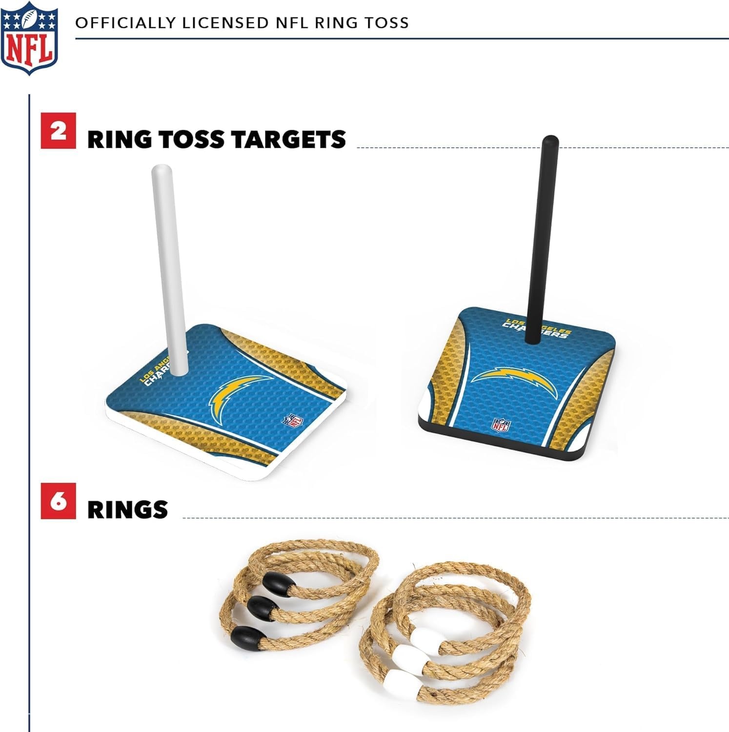 Solid Wood NFL Quoits Set with Direct Print HD Team Graphics – Tailgate Ring Toss Game – Great Gift for Any Football Fan  Ring Toss Family Outdoor Games for The Beach(Los Angeles Chargers)