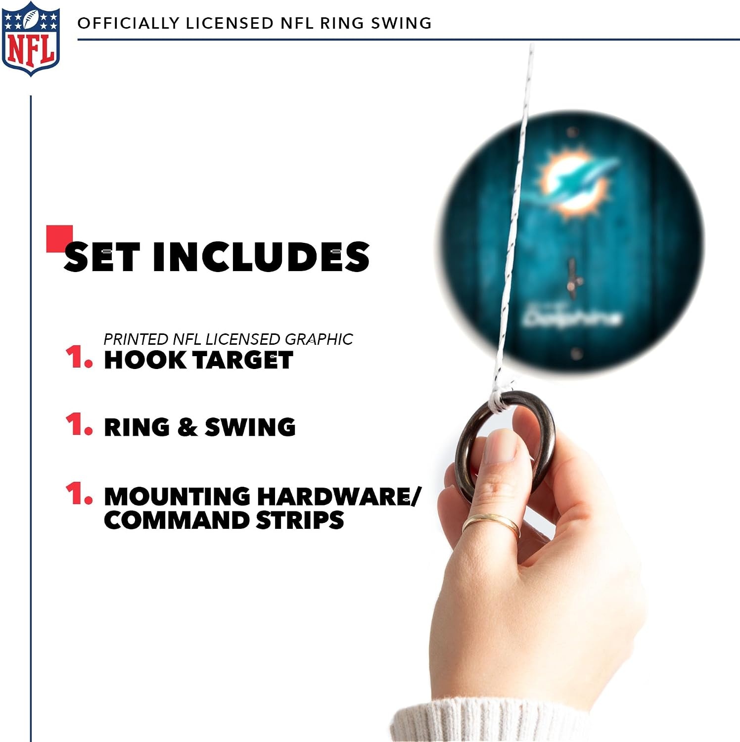 Solid Wood NFL Hook & Ring Toss Set with Direct Print HD Team Graphics – Easy Hang Hook and Ring Toss Target – Great Gift for Any Football Fan  Ring Toss Family Game for a Game Room(Miami Dolphins)