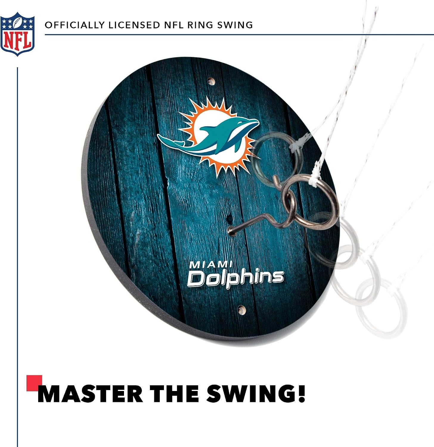 Solid Wood NFL Hook & Ring Toss Set with Direct Print HD Team Graphics – Easy Hang Hook and Ring Toss Target – Great Gift for Any Football Fan  Ring Toss Family Game for a Game Room(Miami Dolphins)