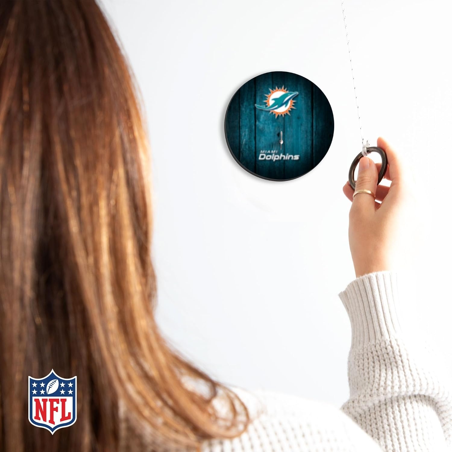 Solid Wood NFL Hook & Ring Toss Set with Direct Print HD Team Graphics – Easy Hang Hook and Ring Toss Target – Great Gift for Any Football Fan  Ring Toss Family Game for a Game Room(Miami Dolphins)