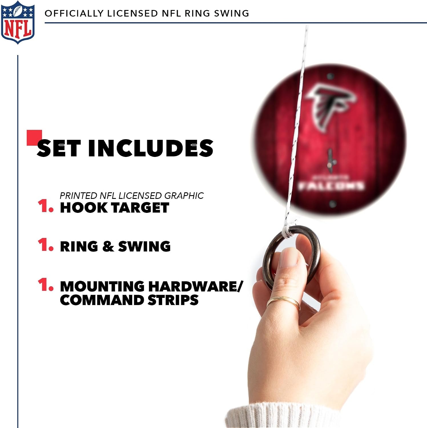Solid Wood NFL Hook & Ring Toss Set with Direct Print HD Team Graphics – Easy Hang Hook and Ring Toss Target – Great Gift for Any Football Fan  Ring Toss Family Game for a Game Room(Atlanta Falcons)