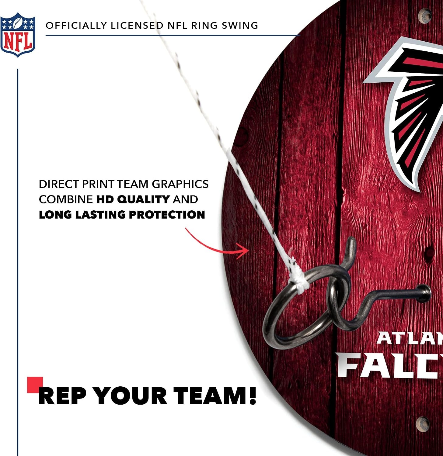Solid Wood NFL Hook & Ring Toss Set with Direct Print HD Team Graphics – Easy Hang Hook and Ring Toss Target – Great Gift for Any Football Fan  Ring Toss Family Game for a Game Room(Atlanta Falcons)
