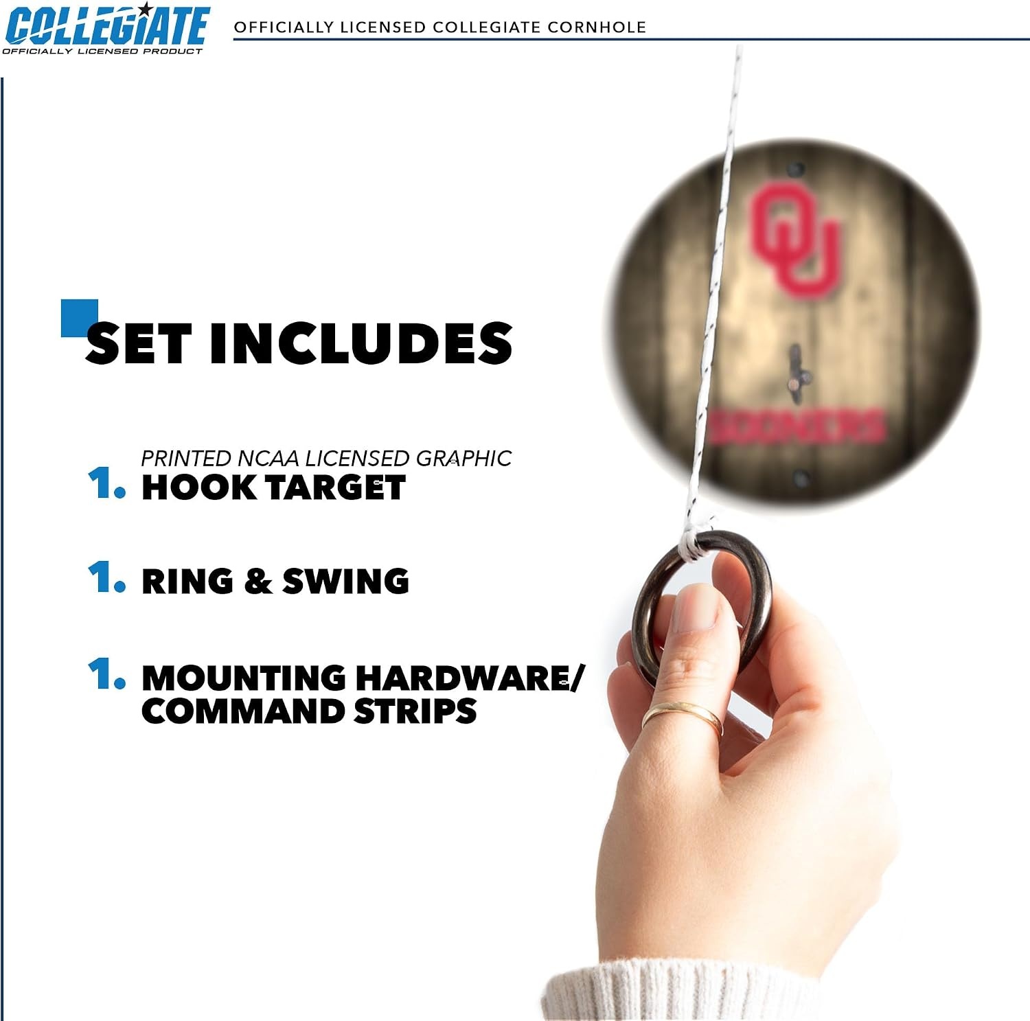 Wild Sports Solid Wood College Hook & Ring Toss Set with Direct Print HD Team Graphics – Easy Hang Hook and Ring Toss Target – Great Gift for Any NCAA Fan (Oklahoma Sooners)