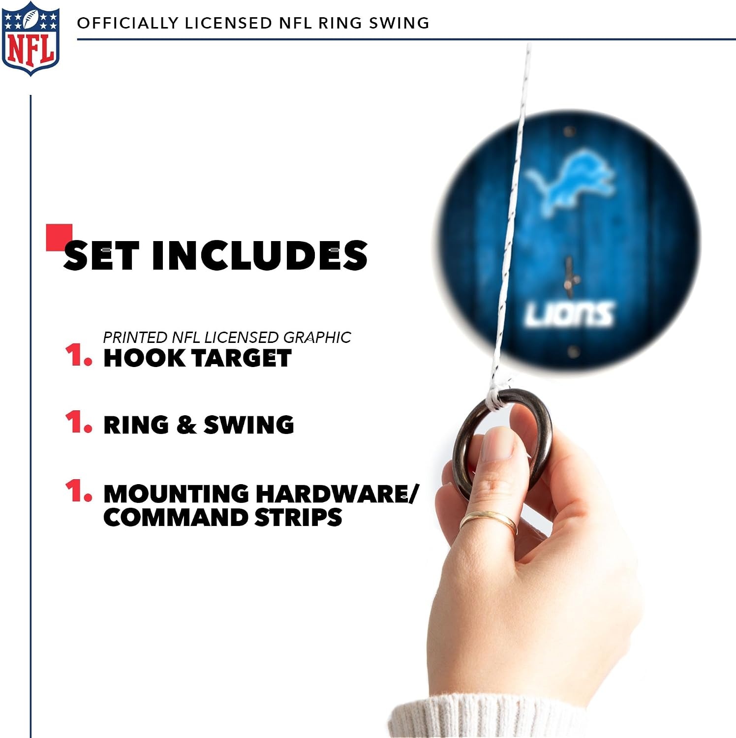 Solid Wood NFL Hook & Ring Toss Set with Direct Print HD Team Graphics – Easy Hang Hook and Ring Toss Target – Great Gift for Any Football Fan  Ring Toss Family Game for a Game Room(Detroit Lions)