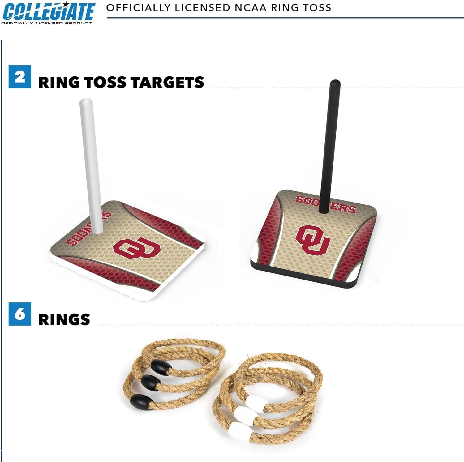 Wild Sports Solid Wood College Quoits Set with Direct Print HD Team Graphics – Tailgate Ring Toss Game – Great Gift for Any NCAA Fan  Ring Toss Outdoor Games for The Beach(Oklahoma Sooners)