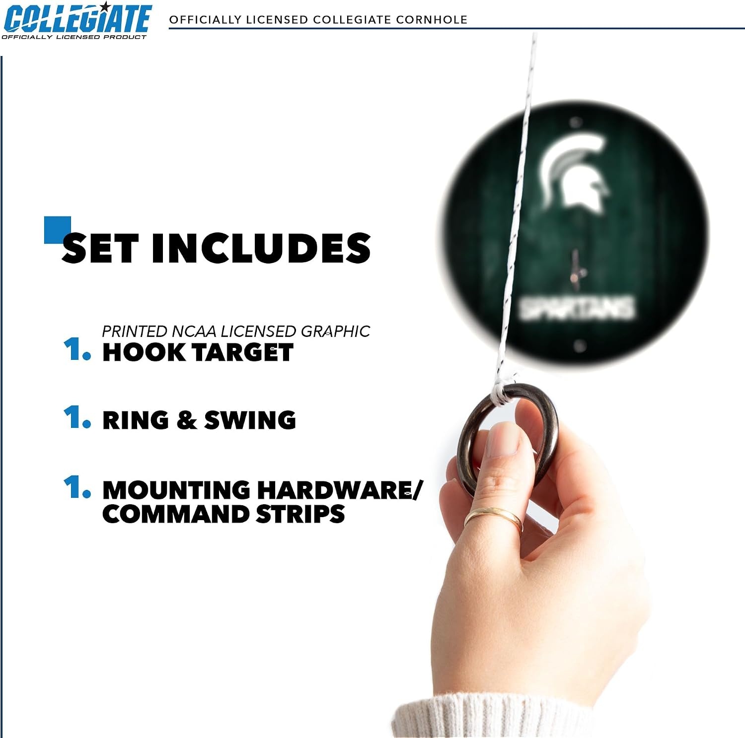 Wild Sports Solid Wood College Hook & Ring Toss Set with Direct Print HD Team Graphics – Easy Hang Hook and Ring Toss Target – Great Gift for Any NCAA Fan (Michigan State Spartans)