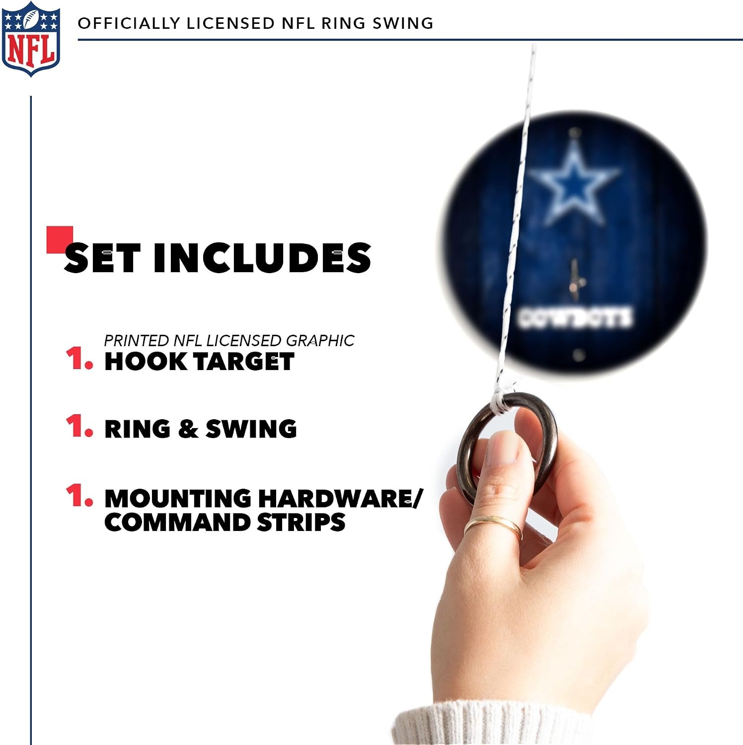Solid Wood NFL Hook & Ring Toss Set with Direct Print HD Team Graphics – Easy Hang Hook and Ring Toss Target – Great Gift for Any Football Fan  Ring Toss Family Game for a Game Room(Dallas Cowboys)