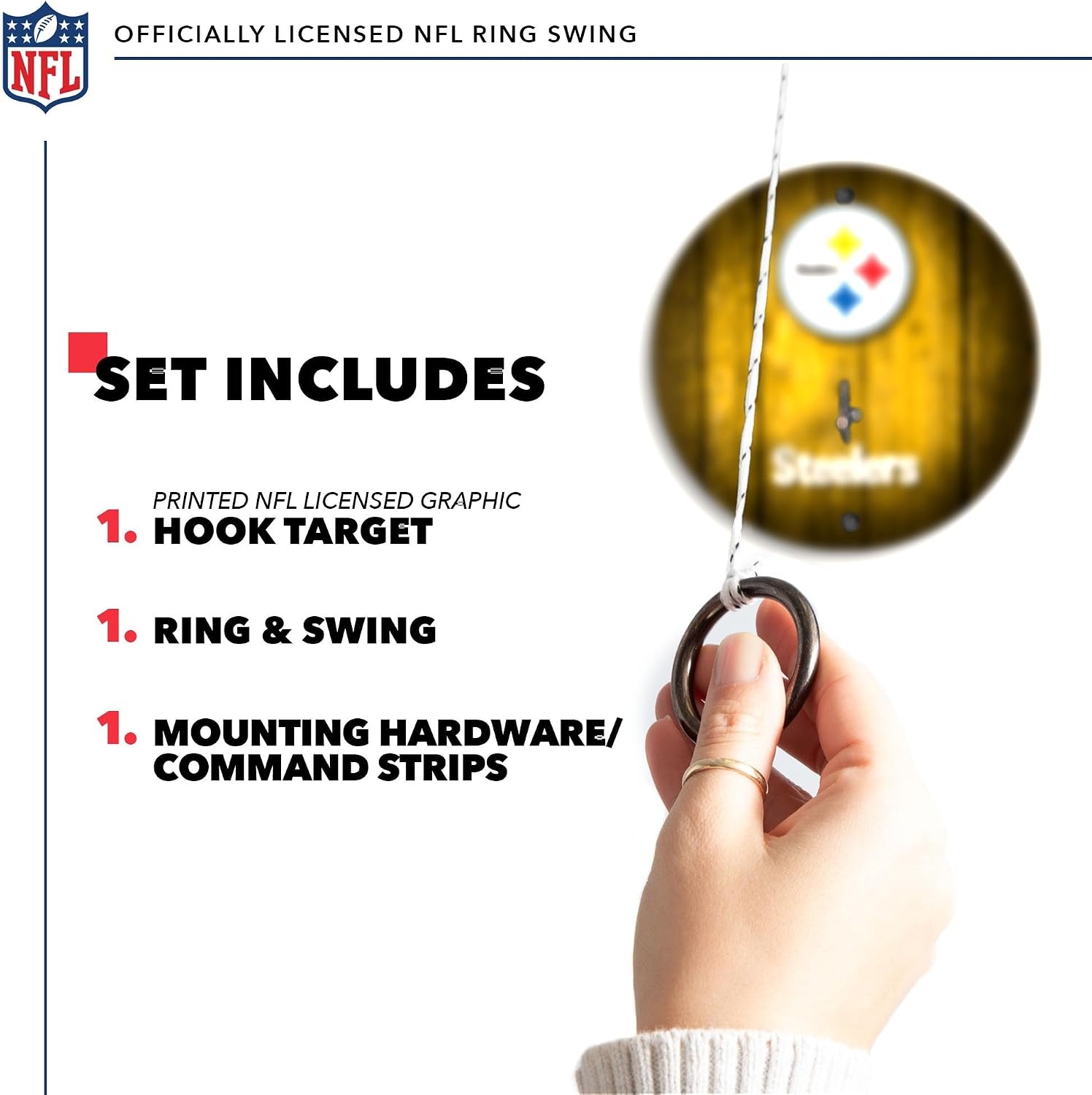 Solid Wood NFL Hook & Ring Toss Set with Direct Print HD Team Graphics – Easy Hang Hook and Ring Toss Target – Great Gift for Any Football Fan  Ring Toss Family Game for a Game Room(Pittsburgh Steelers)