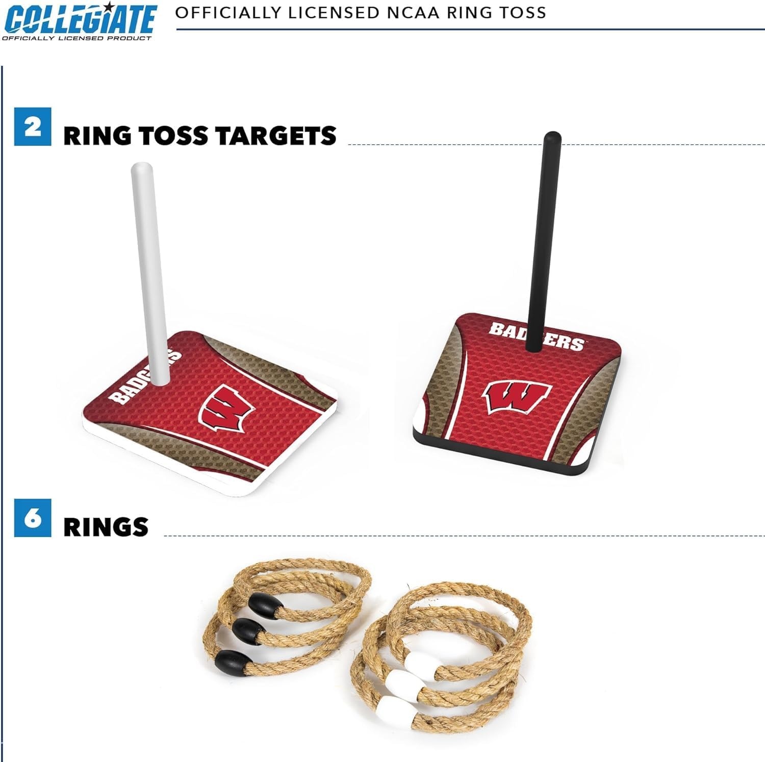 Wild Sports Solid Wood College Quoits Set with Direct Print HD Team Graphics – Tailgate Ring Toss Game – Great Gift for Any NCAA Fan  Ring Toss Outdoor Games for The Beach(Wisconsin Badgers)