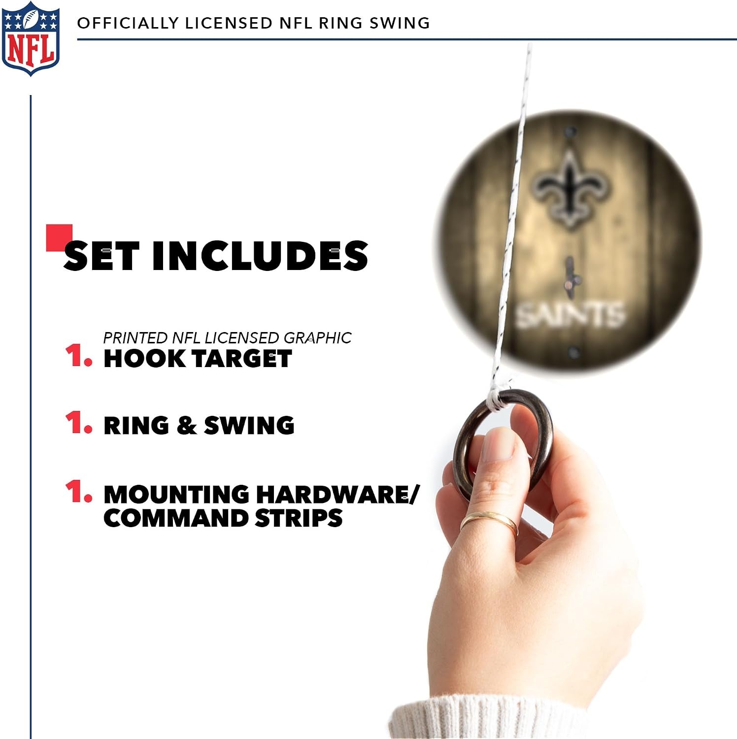 Solid Wood NFL Hook & Ring Toss Set with Direct Print HD Team Graphics – Easy Hang Hook and Ring Toss Target – Great Gift for Any Football Fan  Ring Toss Family Game for a Game Room(New Orleans Saints)