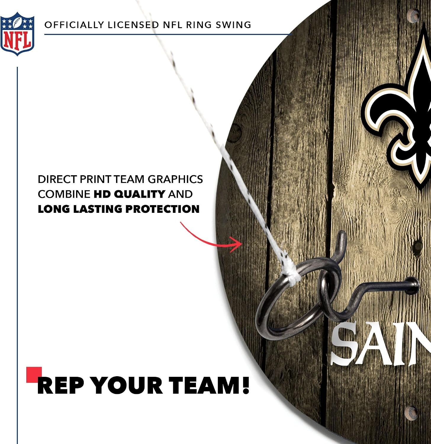 Solid Wood NFL Hook & Ring Toss Set with Direct Print HD Team Graphics – Easy Hang Hook and Ring Toss Target – Great Gift for Any Football Fan  Ring Toss Family Game for a Game Room(New Orleans Saints)