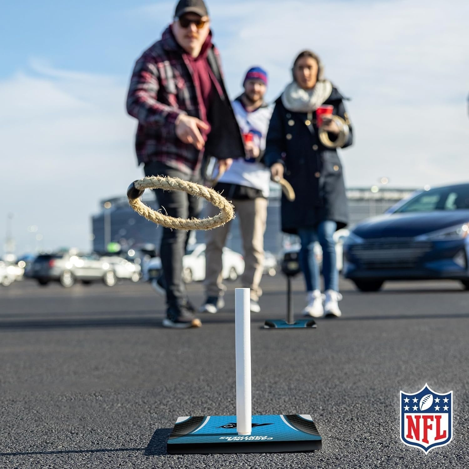 Solid Wood NFL Quoits Set with Direct Print HD Team Graphics – Tailgate Ring Toss Game – Great Gift for Any Football Fan  Ring Toss Family Outdoor Games for The Beach(Carolina Panthers)