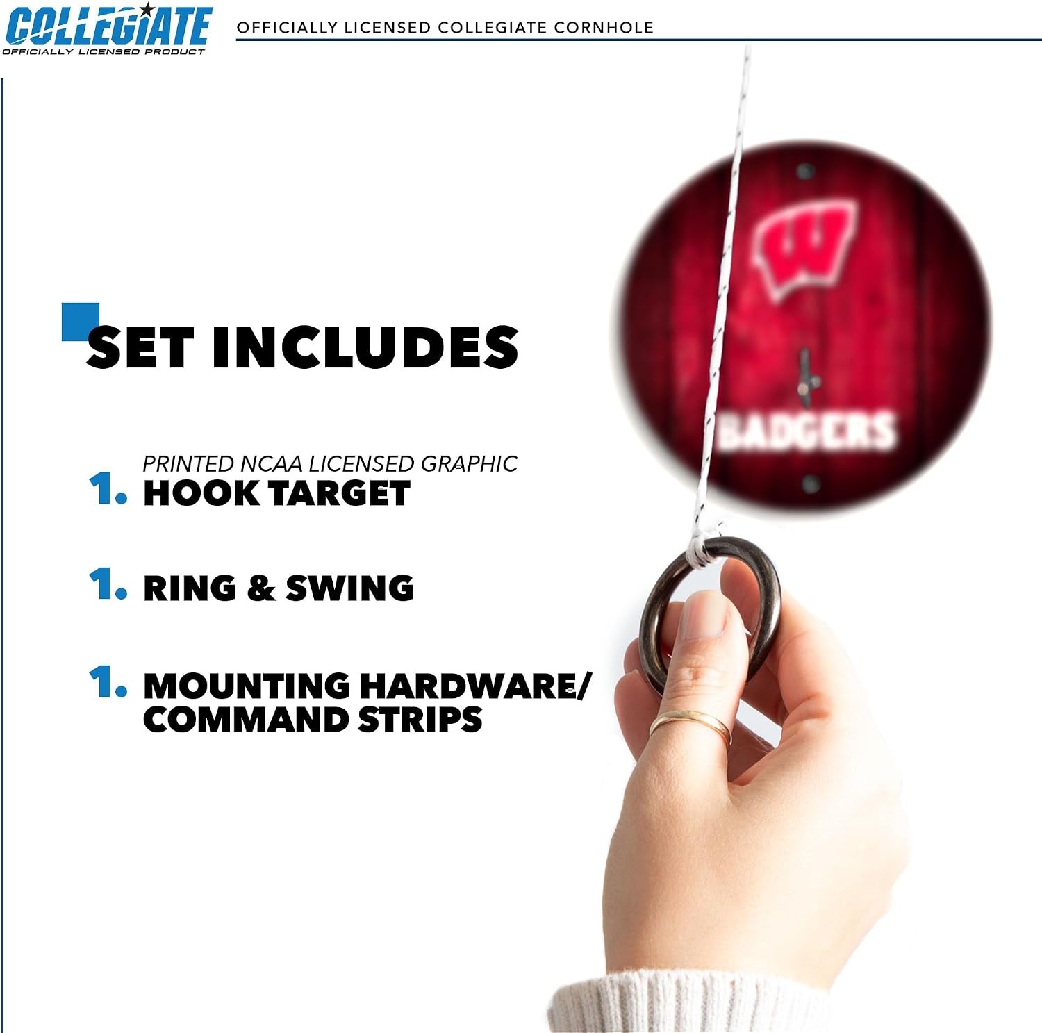 Wild Sports Solid Wood College Hook & Ring Toss Set with Direct Print HD Team Graphics – Easy Hang Hook and Ring Toss Target – Great Gift for Any NCAA Fan (Wisconsin Badgers)