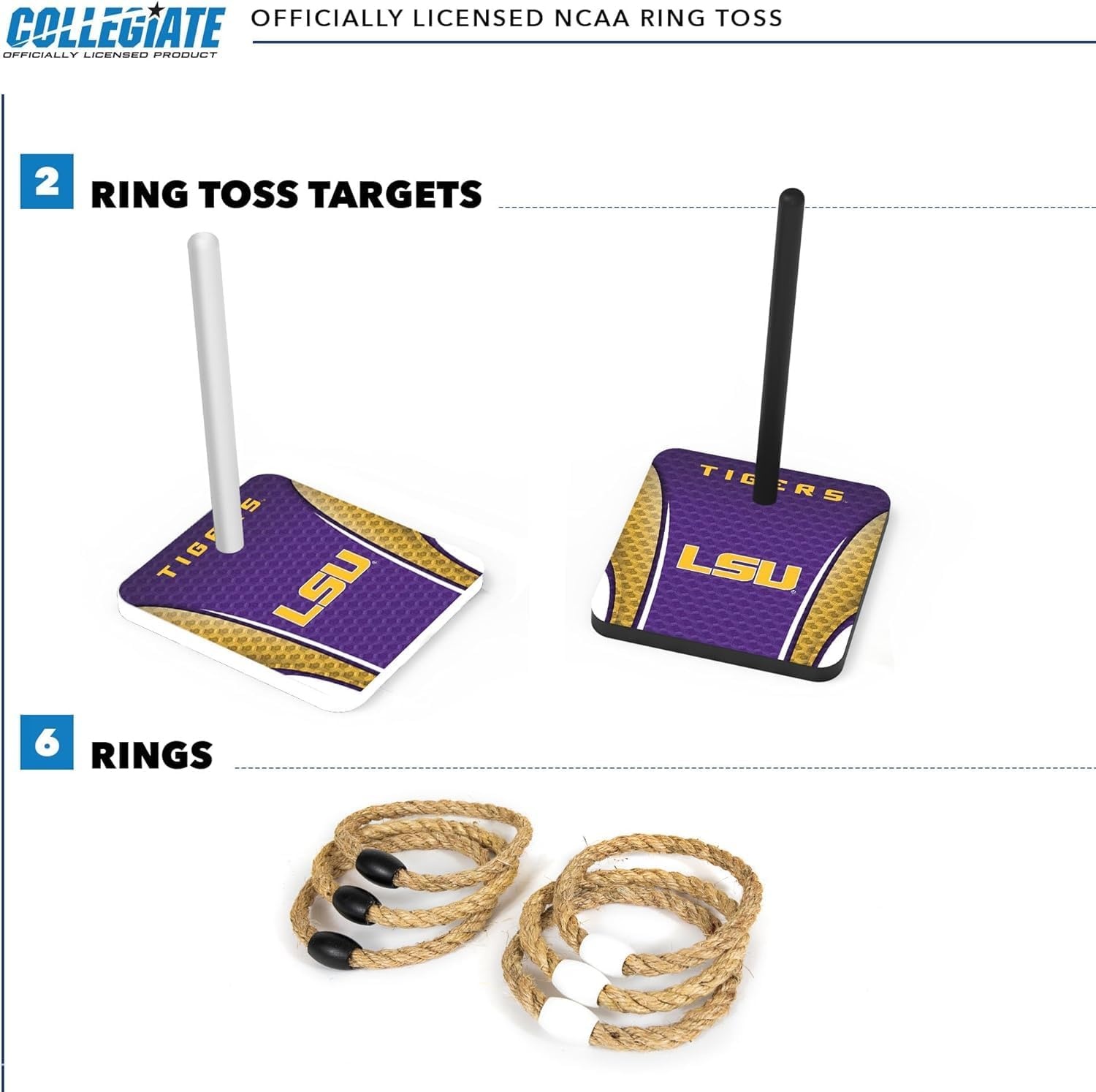 Wild Sports Solid Wood College Quoits Set with Direct Print HD Team Graphics – Tailgate Ring Toss Game – Great Gift for Any NCAA Fan  Ring Toss Outdoor Games for The Beach(LSU Tigers)