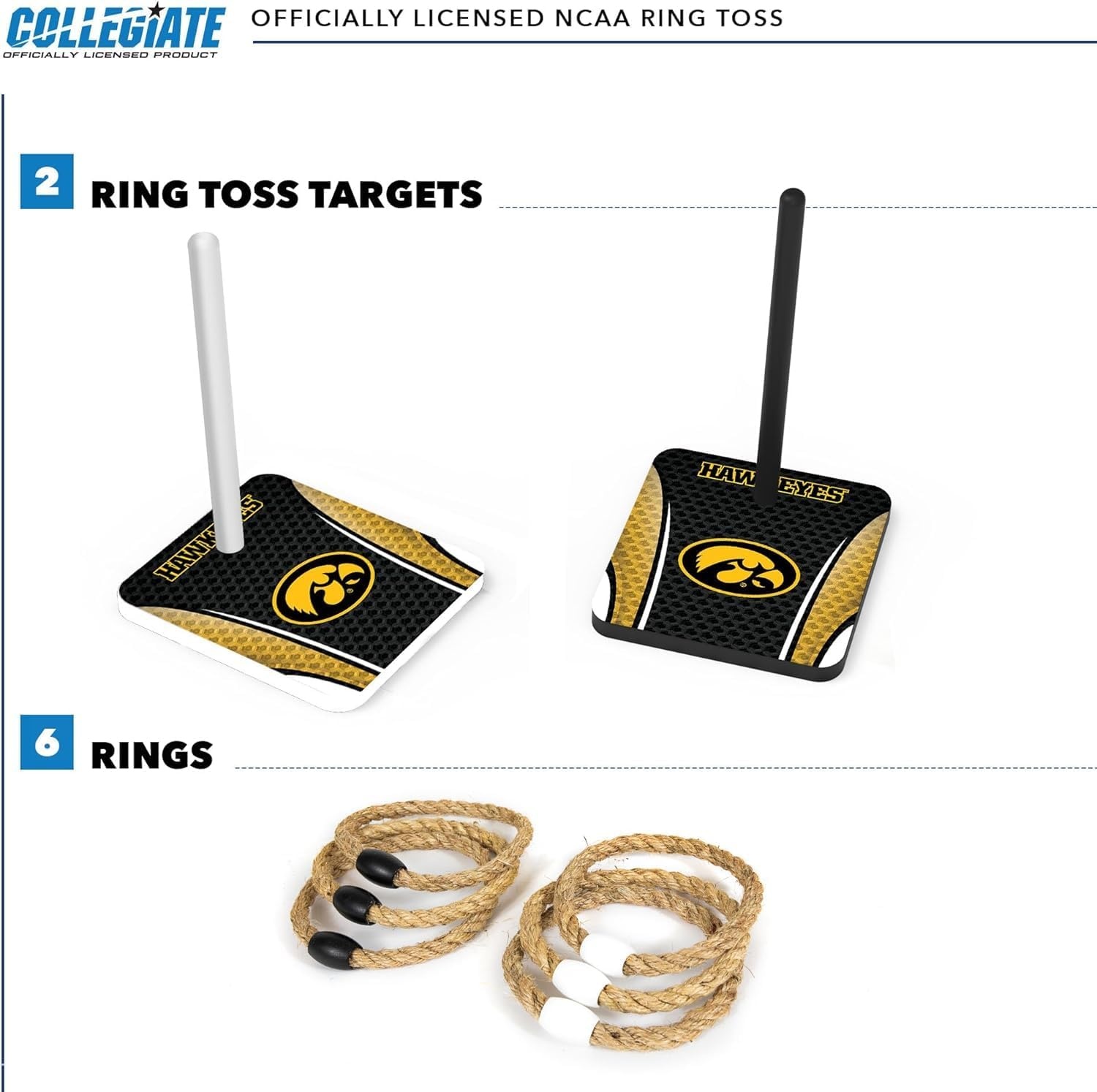 Wild Sports Solid Wood College Quoits Set with Direct Print HD Team Graphics – Tailgate Ring Toss Game – Great Gift for Any NCAA Fan  Ring Toss Outdoor Games for The Beach(Iowa Hawkeyes)