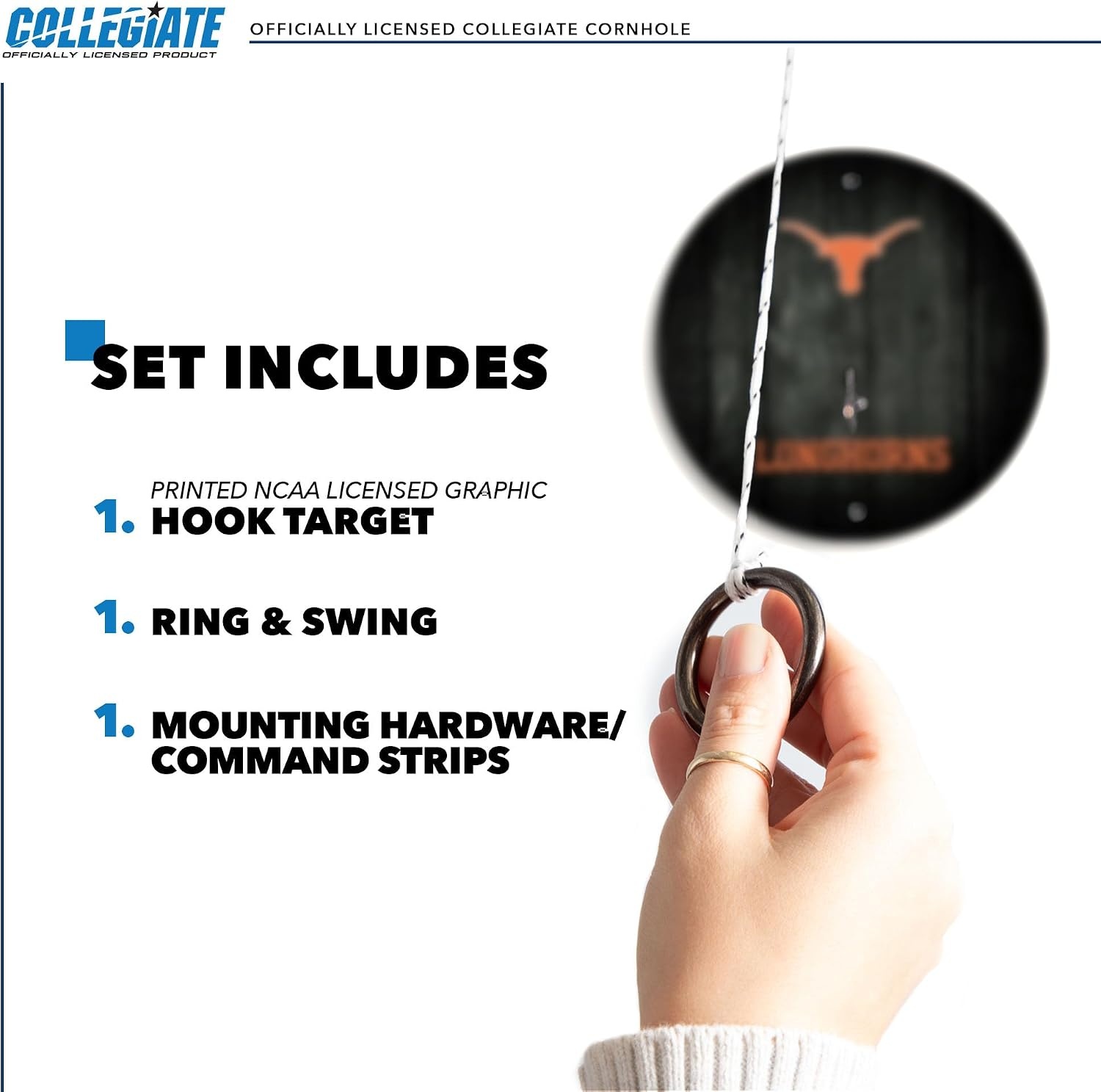 Wild Sports Solid Wood College Hook & Ring Toss Set with Direct Print HD Team Graphics – Easy Hang Hook and Ring Toss Target – Great Gift for Any NCAA Fan (Texas Longhorns)