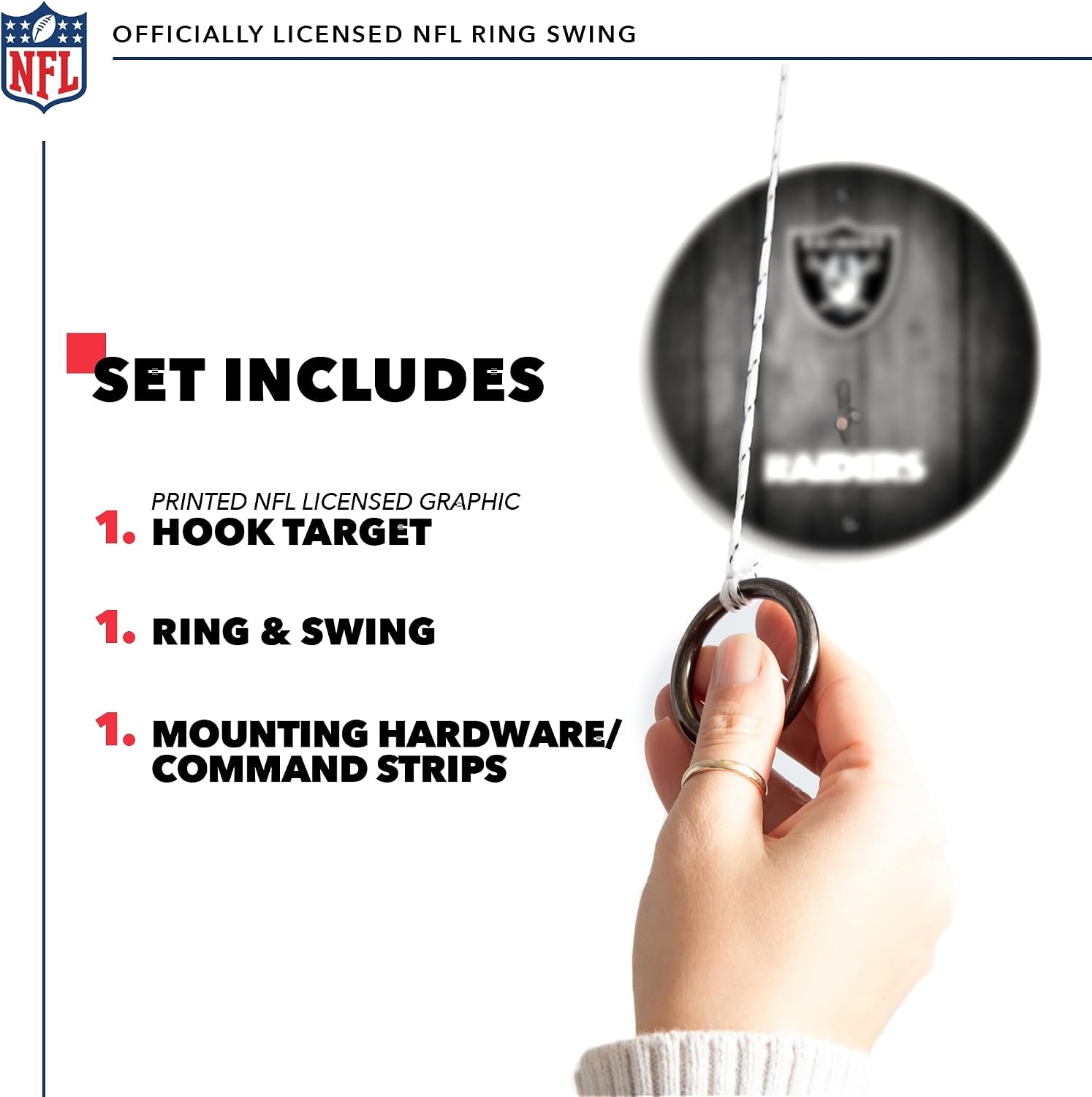 Solid Wood NFL Hook & Ring Toss Set with Direct Print HD Team Graphics – Easy Hang Hook and Ring Toss Target – Great Gift for Any Football Fan  Ring Toss Family Game for a Game Room(Las Vegas Raiders)