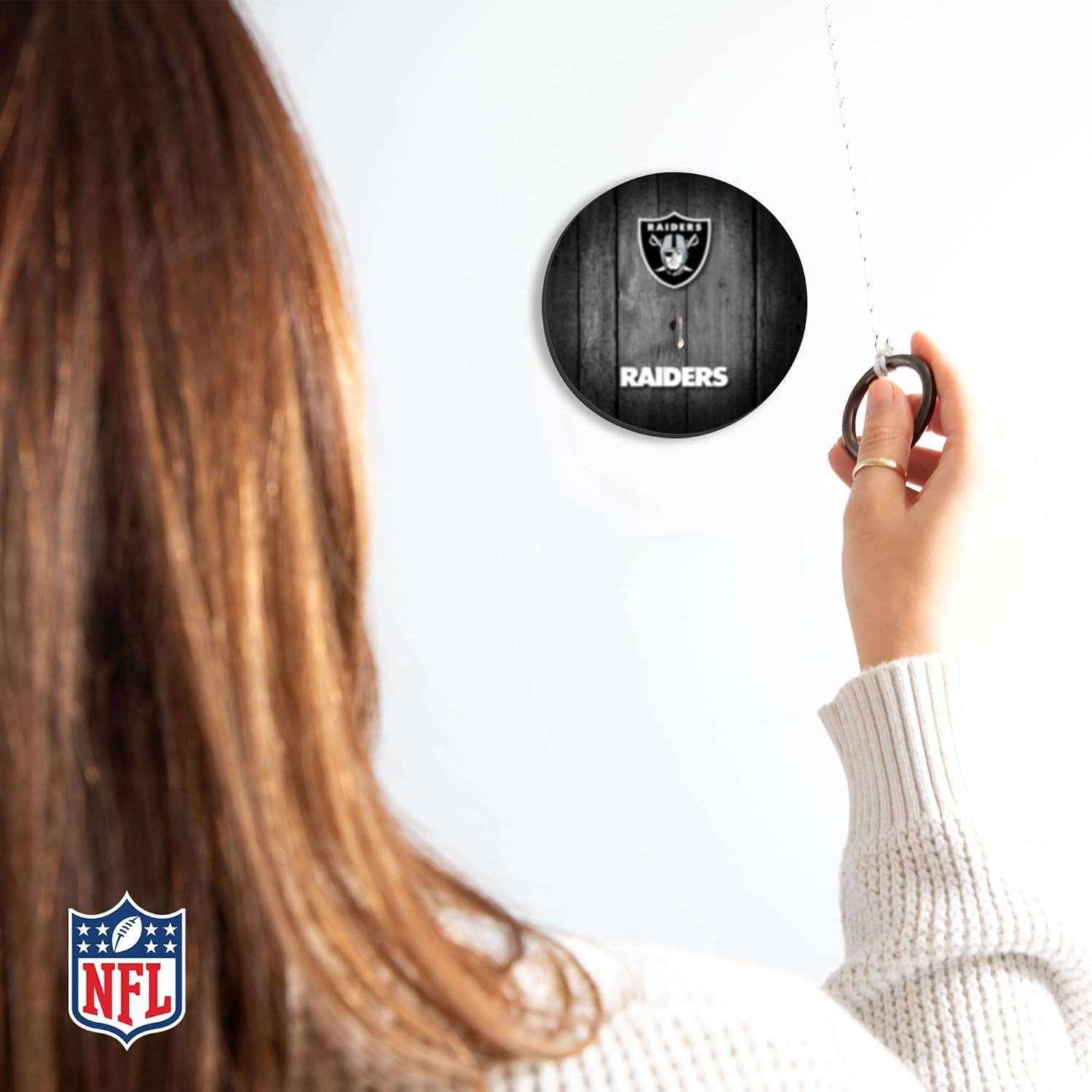 Solid Wood NFL Hook & Ring Toss Set with Direct Print HD Team Graphics – Easy Hang Hook and Ring Toss Target – Great Gift for Any Football Fan  Ring Toss Family Game for a Game Room(Las Vegas Raiders)