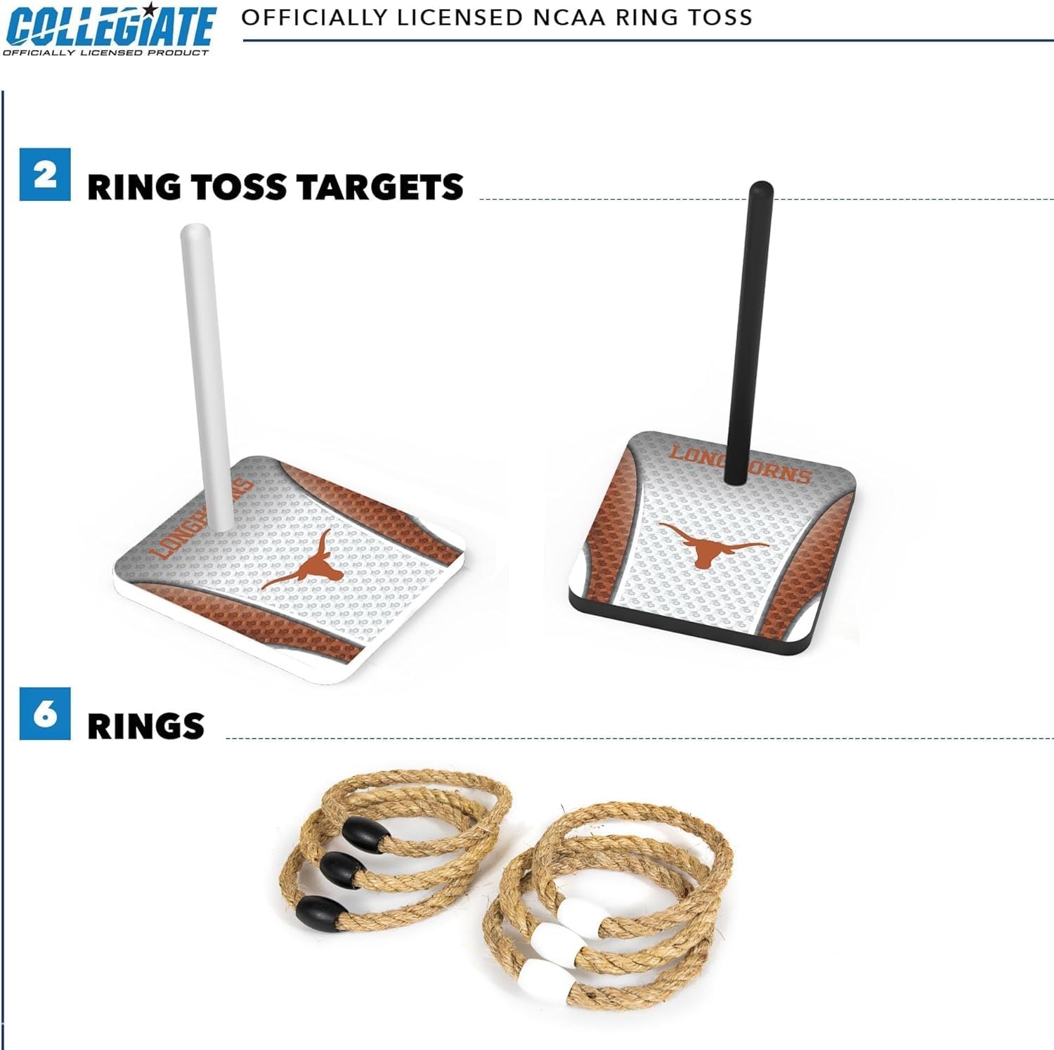Wild Sports Solid Wood College Quoits Set with Direct Print HD Team Graphics – Tailgate Ring Toss Game – Great Gift for Any NCAA Fan  Ring Toss Outdoor Games for The Beach(Texas Longhorns)
