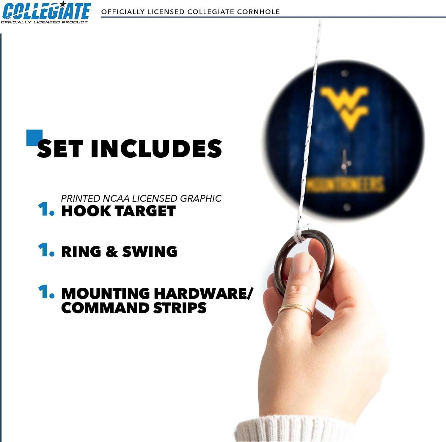 Wild Sports Solid Wood College Hook & Ring Toss Set with Direct Print HD Team Graphics – Easy Hang Hook and Ring Toss Target – Great Gift for Any NCAA Fan (West Virginia Mountaineers)