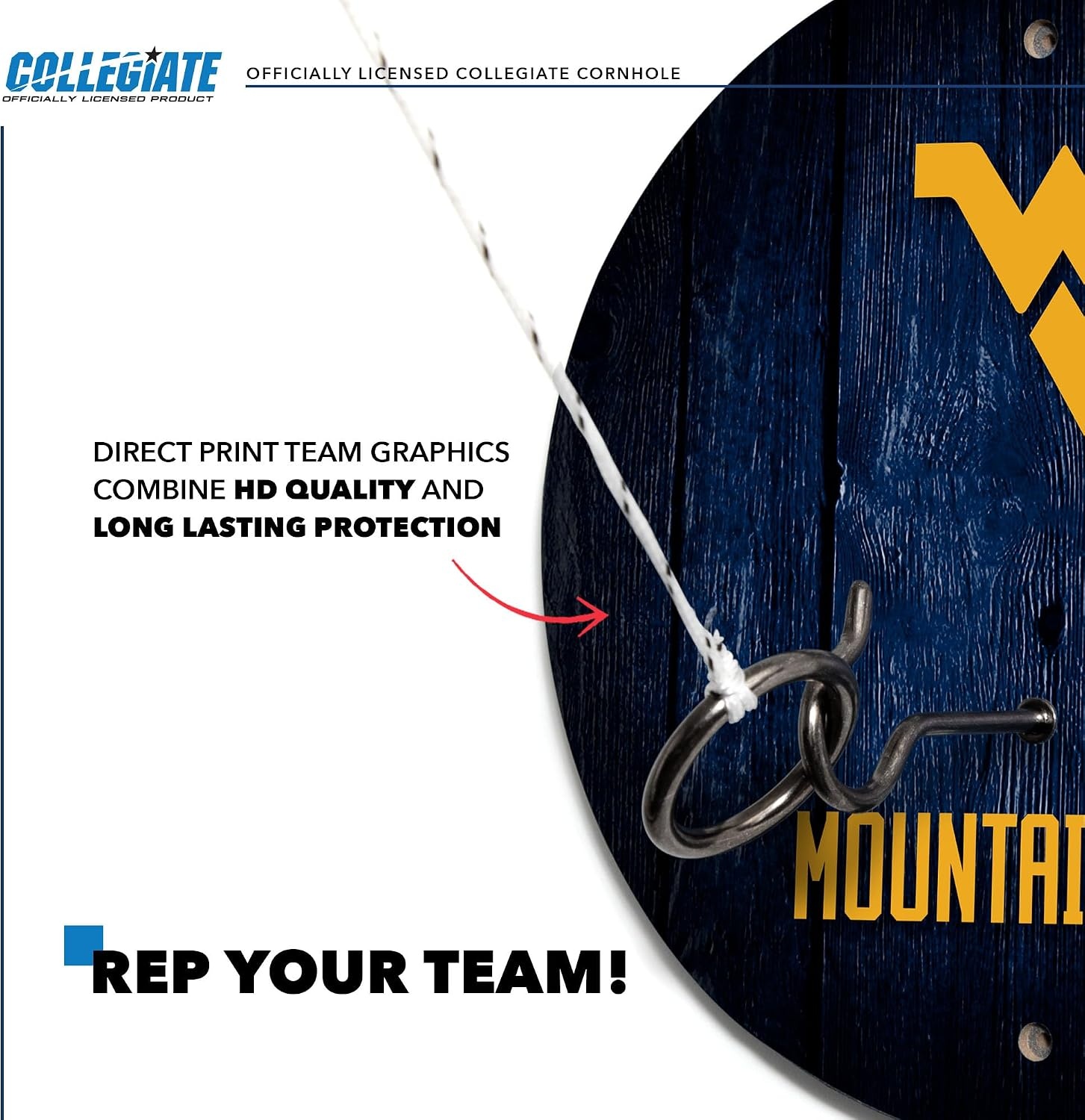 Wild Sports Solid Wood College Hook & Ring Toss Set with Direct Print HD Team Graphics – Easy Hang Hook and Ring Toss Target – Great Gift for Any NCAA Fan (West Virginia Mountaineers)