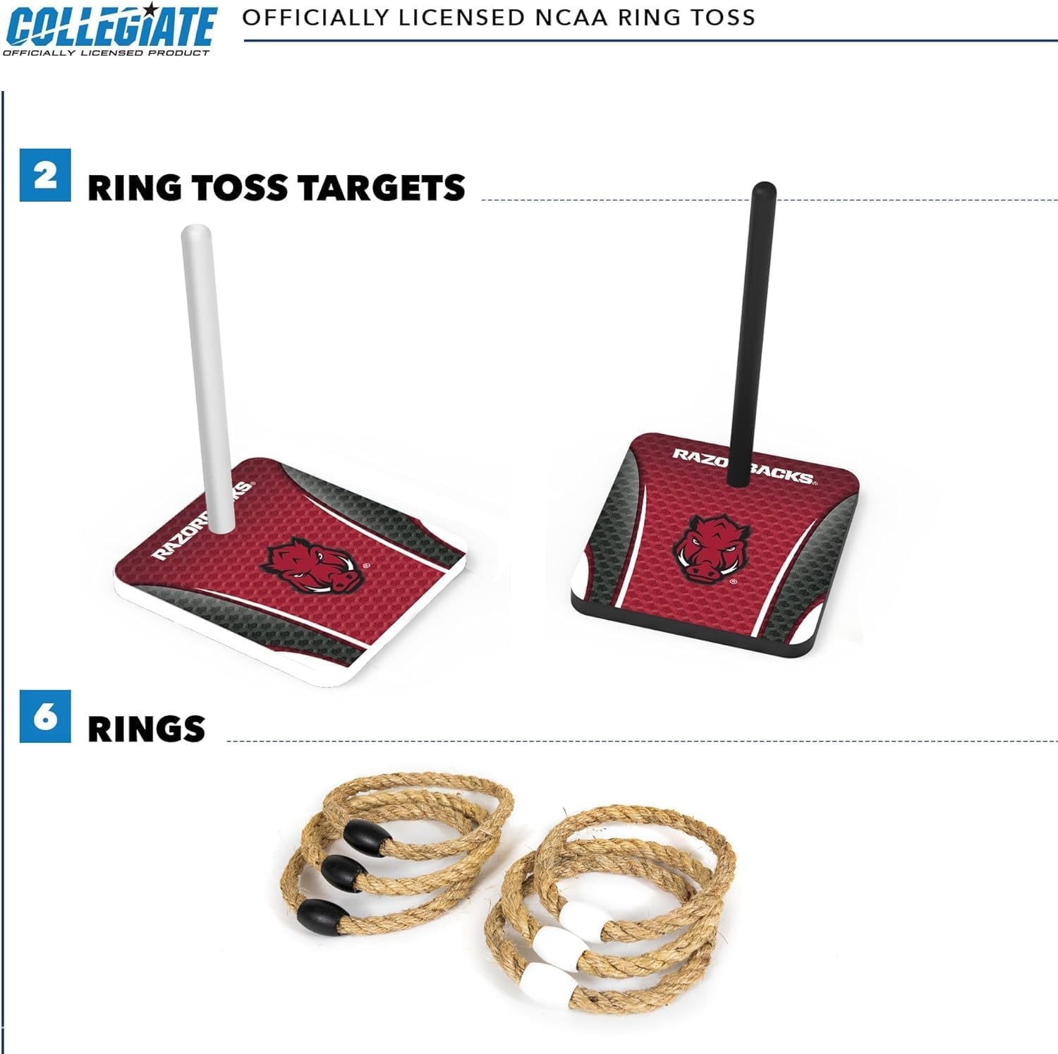Wild Sports Solid Wood College Quoits Set with Direct Print HD Team Graphics – Tailgate Ring Toss Game – Great Gift for Any NCAA Fan  Ring Toss Outdoor Games for The Beach(Arkansas Razorbacks)