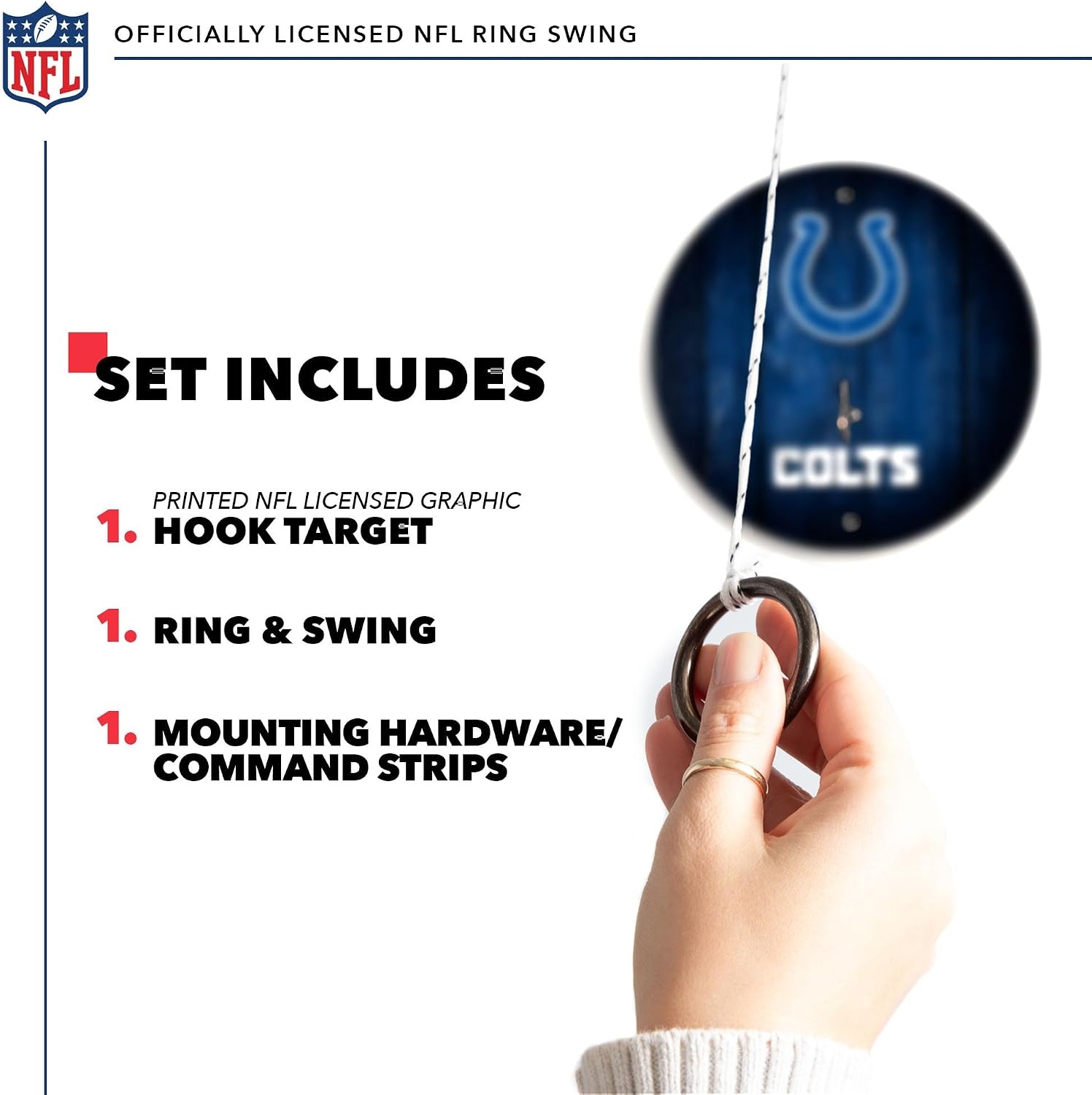 Solid Wood NFL Hook & Ring Toss Set with Direct Print HD Team Graphics – Easy Hang Hook and Ring Toss Target – Great Gift for Any Football Fan  Ring Toss Family Game for a Game Room(Indianapolis Colts)