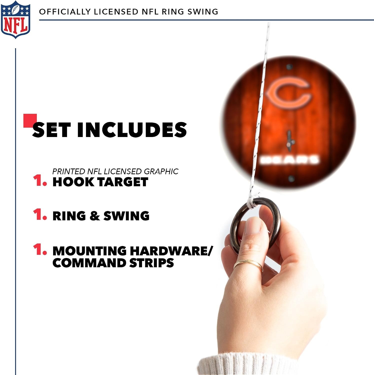 Solid Wood NFL Hook & Ring Toss Set with Direct Print HD Team Graphics – Easy Hang Hook and Ring Toss Target – Great Gift for Any Football Fan  Ring Toss Family Game for a Game Room(Chicago Bears)