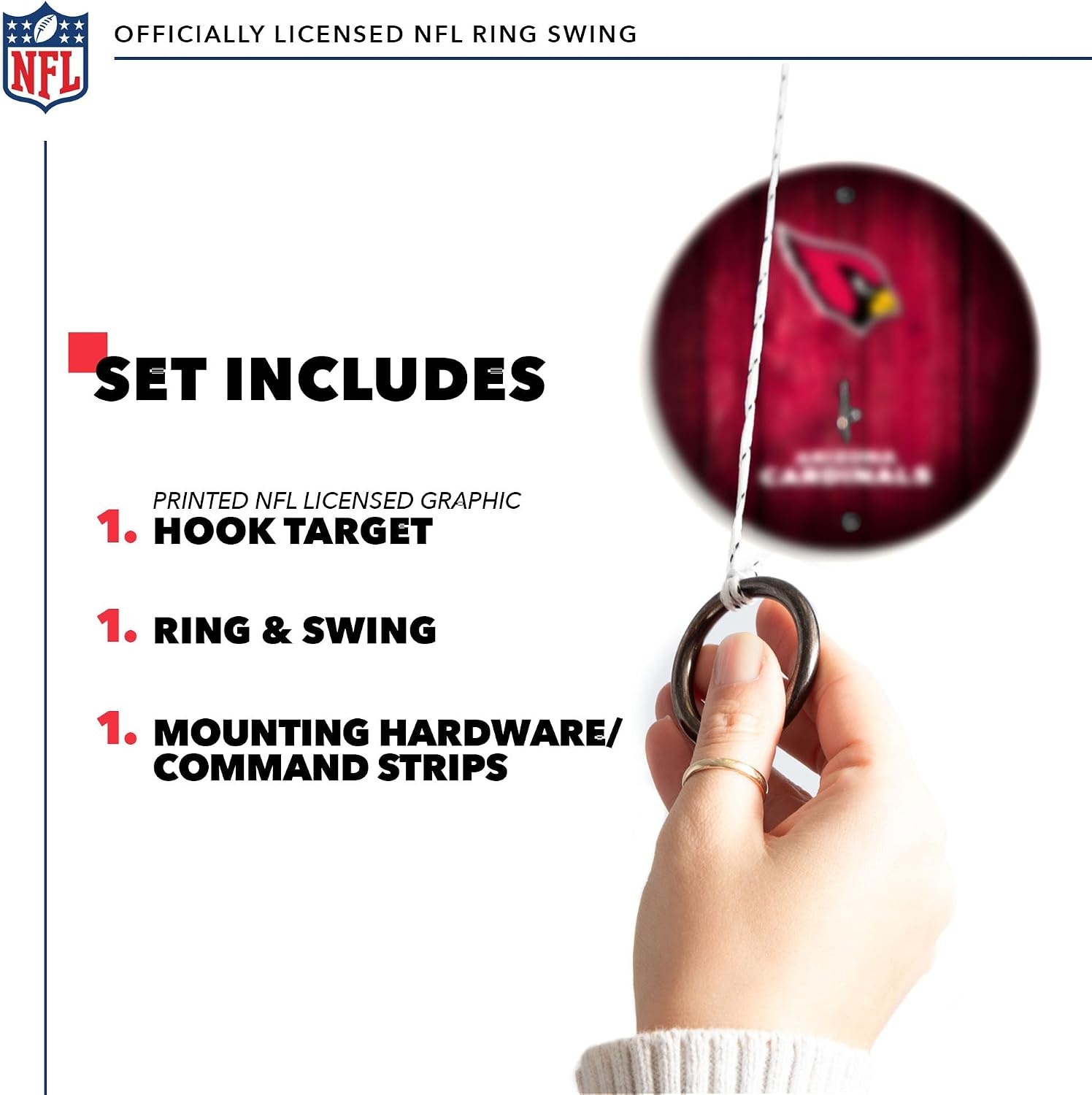 Solid Wood NFL Hook & Ring Toss Set with Direct Print HD Team Graphics – Easy Hang Hook and Ring Toss Target – Great Gift for Any Football Fan  Ring Toss Family Game for a Game Room(Arizona Cardinals)