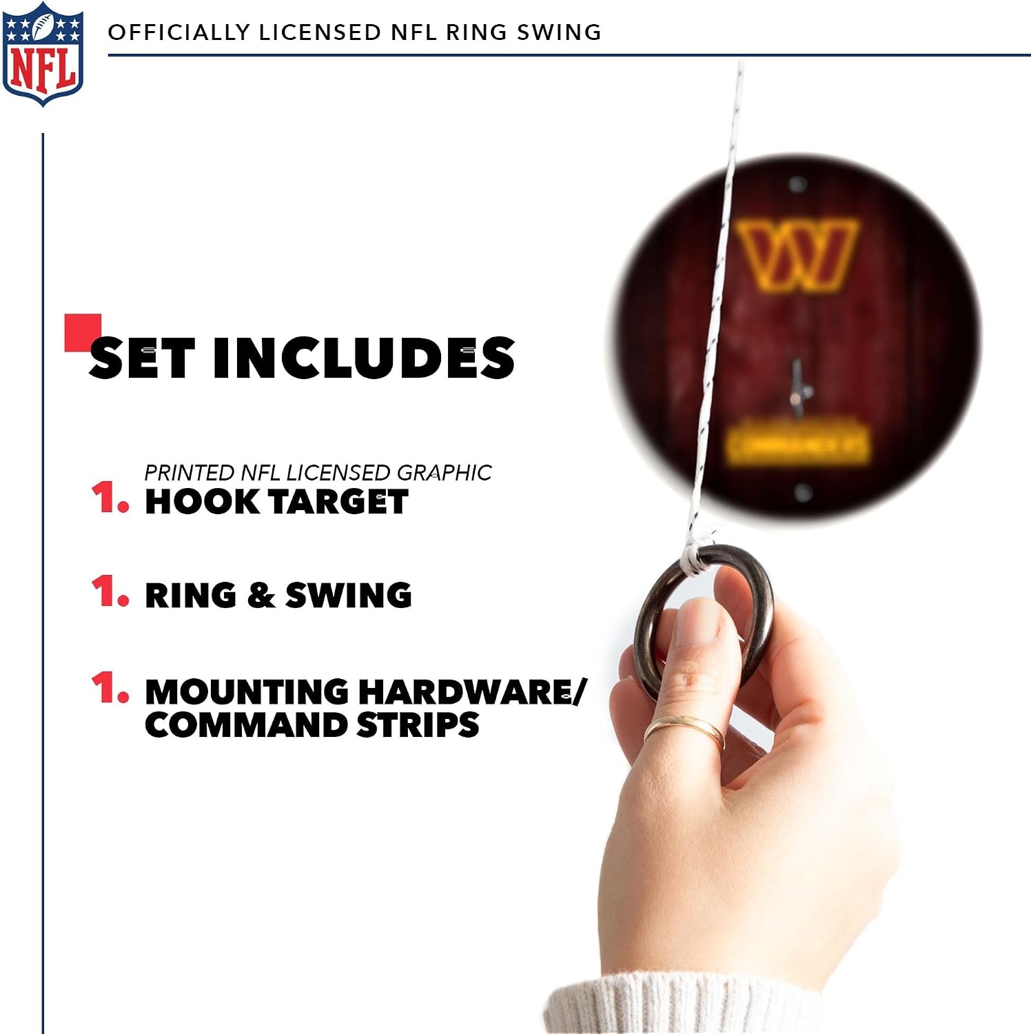 Solid Wood NFL Hook & Ring Toss Set with Direct Print HD Team Graphics – Easy Hang Hook and Ring Toss Target – Great Gift for Any Football Fan  Ring Toss Family Game for a Game Room(Washington Commanders)