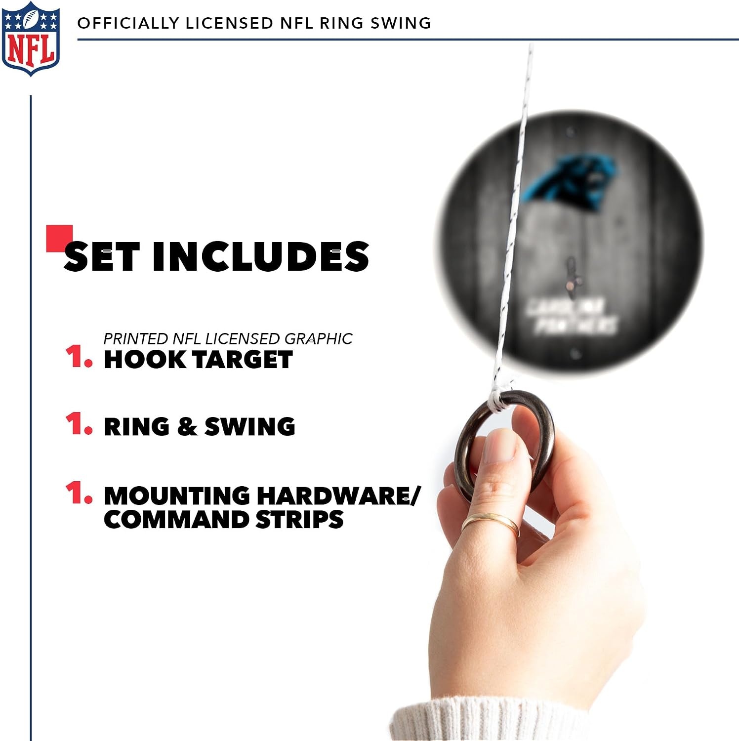Solid Wood NFL Hook & Ring Toss Set with Direct Print HD Team Graphics – Easy Hang Hook and Ring Toss Target – Great Gift for Any Football Fan  Ring Toss Family Game for a Game Room(Carolina Panthers)