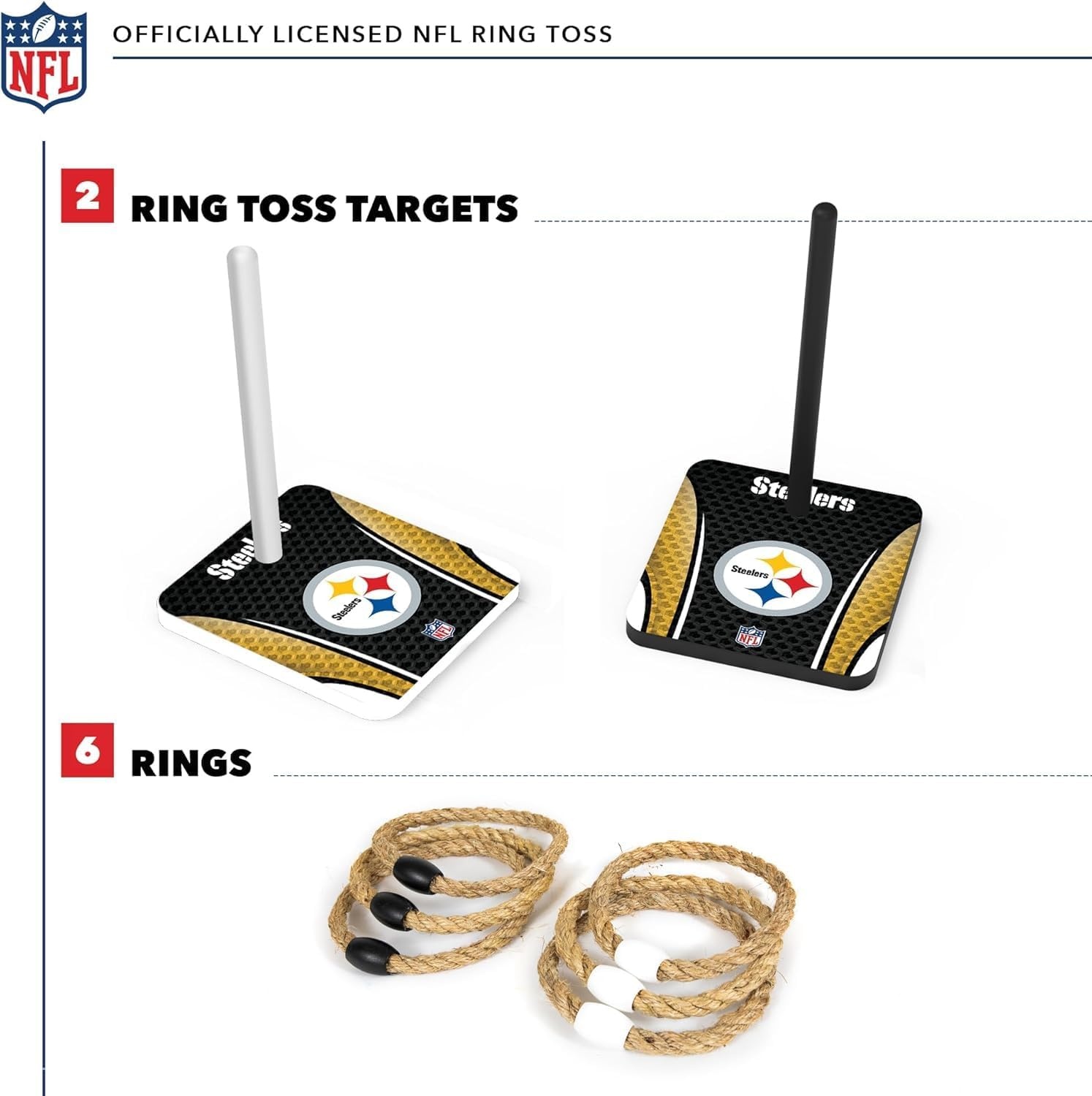 Solid Wood NFL Quoits Set with Direct Print HD Team Graphics – Tailgate Ring Toss Game – Great Gift for Any Football Fan  Ring Toss Family Outdoor Games for The Beach(Pittsburgh Steelers)