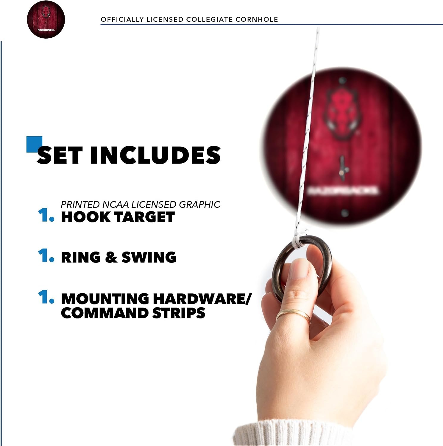 Wild Sports Solid Wood College Hook & Ring Toss Set with Direct Print HD Team Graphics – Easy Hang Hook and Ring Toss Target – Great Gift for Any NCAA Fan (Arkansas Razorbacks)