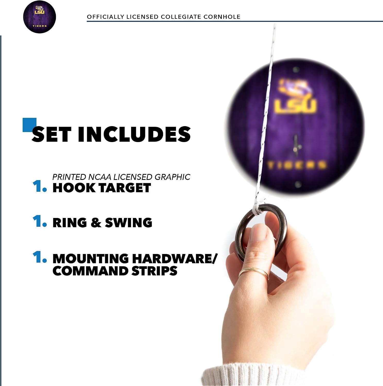 Wild Sports Solid Wood College Hook & Ring Toss Set with Direct Print HD Team Graphics – Easy Hang Hook and Ring Toss Target – Great Gift for Any NCAA Fan (LSU Tigers)