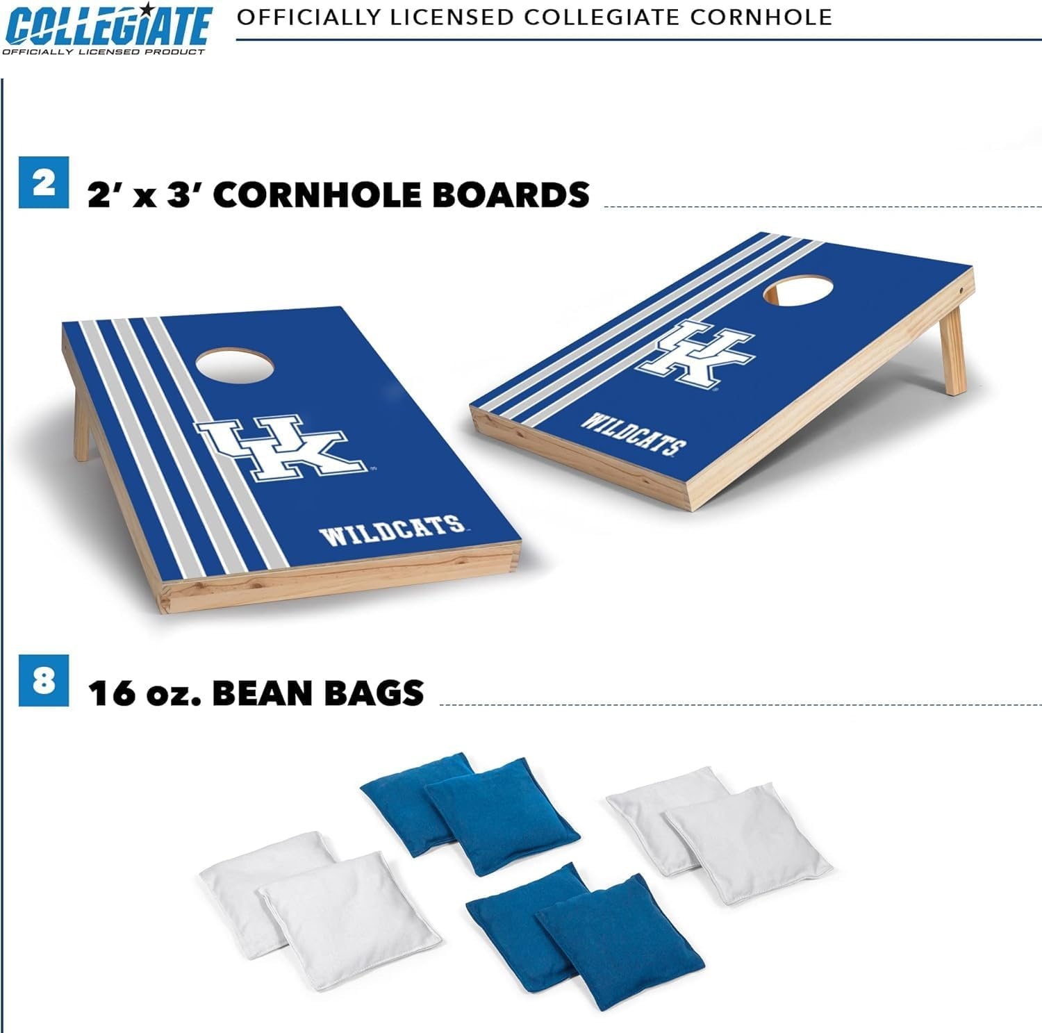2′ x 3′ Solid Wood Cornhole Set with Direct Print HD Team Graphics – Great Gift for Any NCAA Fan  Bean Bag Toss Family Outdoor Games(Kentucky Wildcats)