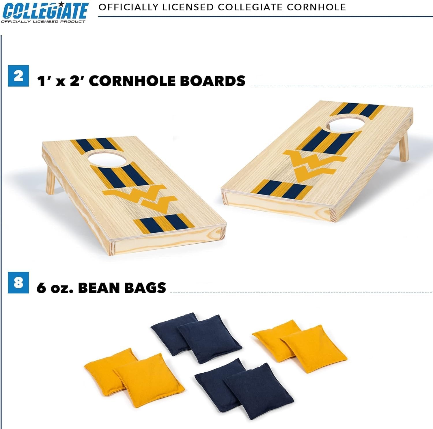 Wild Sports College Portable Size 1′ x 2′ Solid Wood Cornhole Set with Direct Print HD Team Graphics – Travel Size(West Virginia Mountaineers)