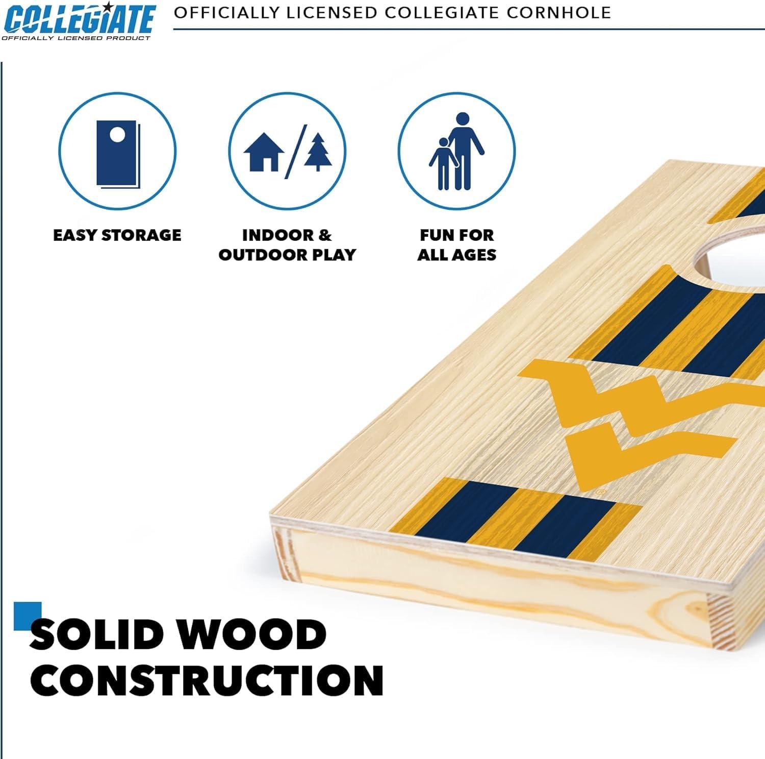 Wild Sports College Portable Size 1′ x 2′ Solid Wood Cornhole Set with Direct Print HD Team Graphics – Travel Size(West Virginia Mountaineers)