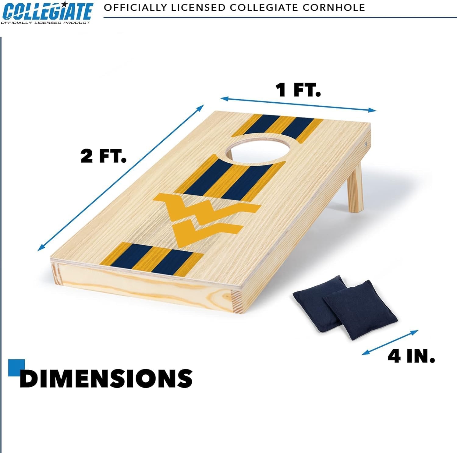 Wild Sports College Portable Size 1′ x 2′ Solid Wood Cornhole Set with Direct Print HD Team Graphics – Travel Size(West Virginia Mountaineers)