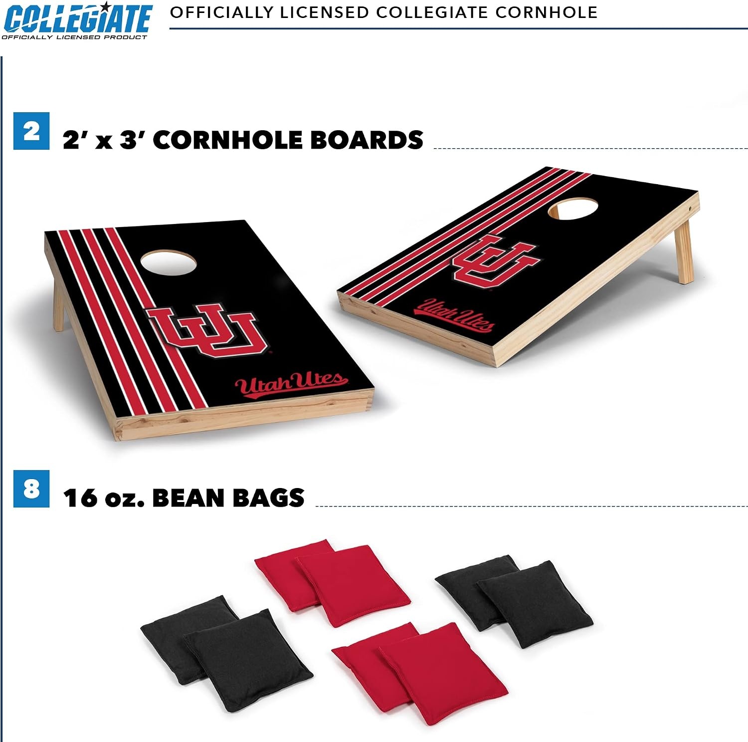 2′ x 3′ Solid Wood Cornhole Set with Direct Print HD Team Graphics – Great Gift for Any NCAA Fan  Bean Bag Toss Family Outdoor Games(Utah Utes)