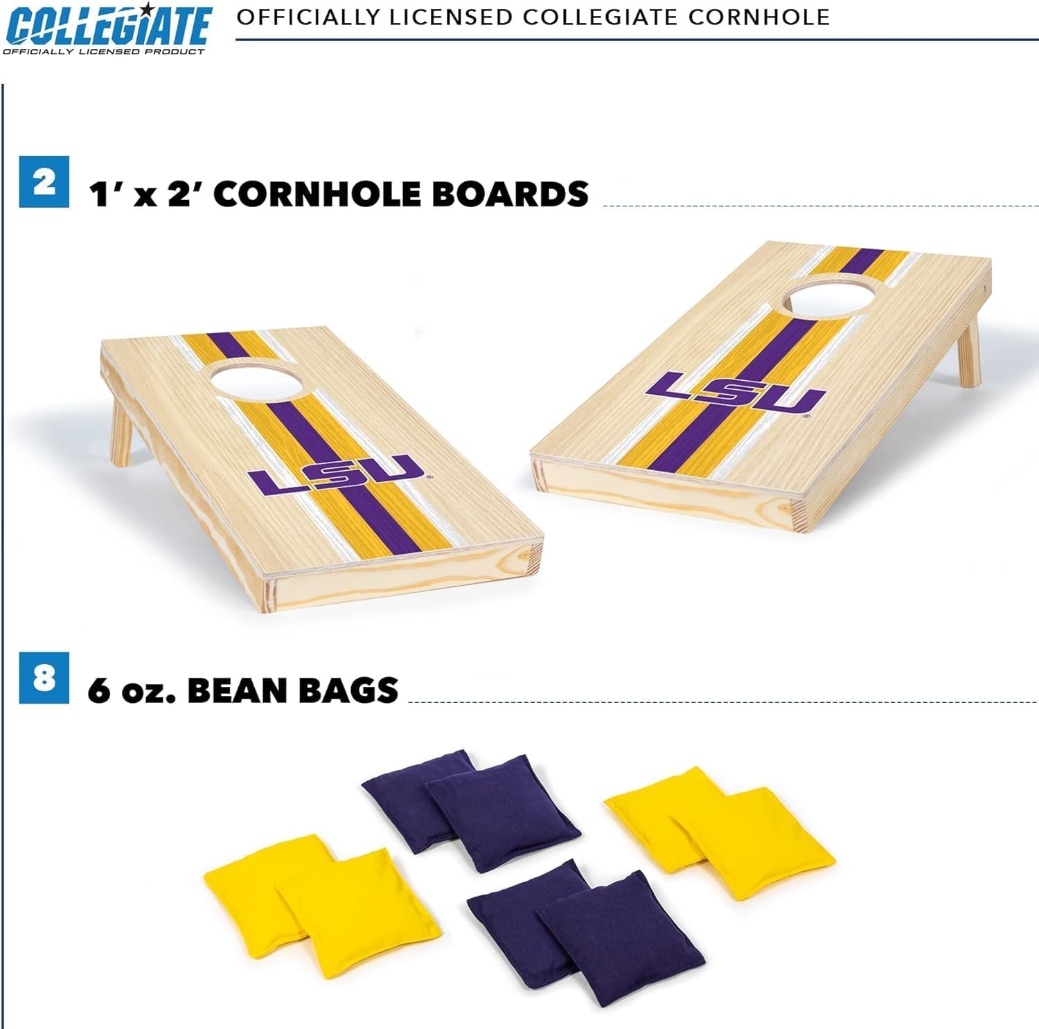 Wild Sports College Portable Size 1′ x 2′ Solid Wood Cornhole Set with Direct Print HD Team Graphics – Travel Size(LSU Tigers)