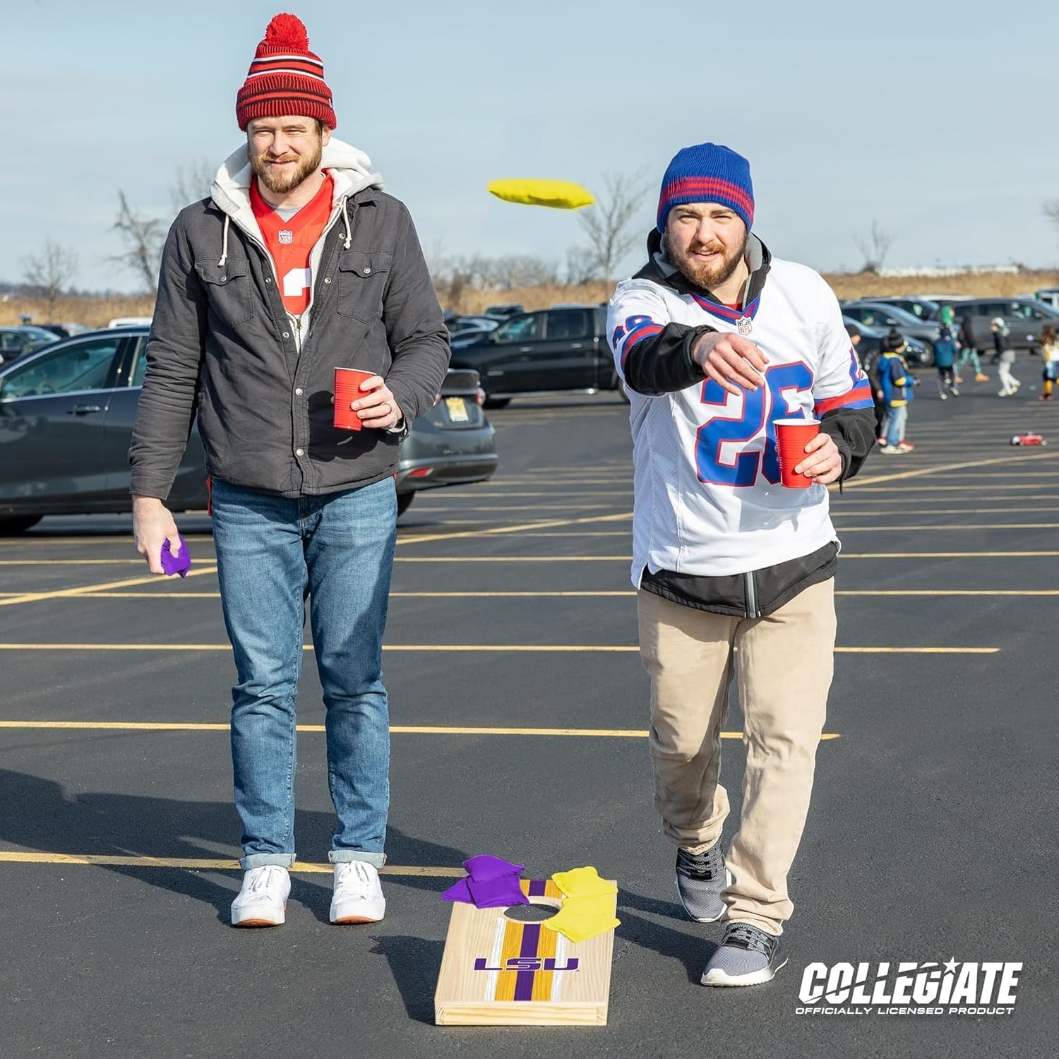 Wild Sports College Portable Size 1′ x 2′ Solid Wood Cornhole Set with Direct Print HD Team Graphics – Travel Size(LSU Tigers)